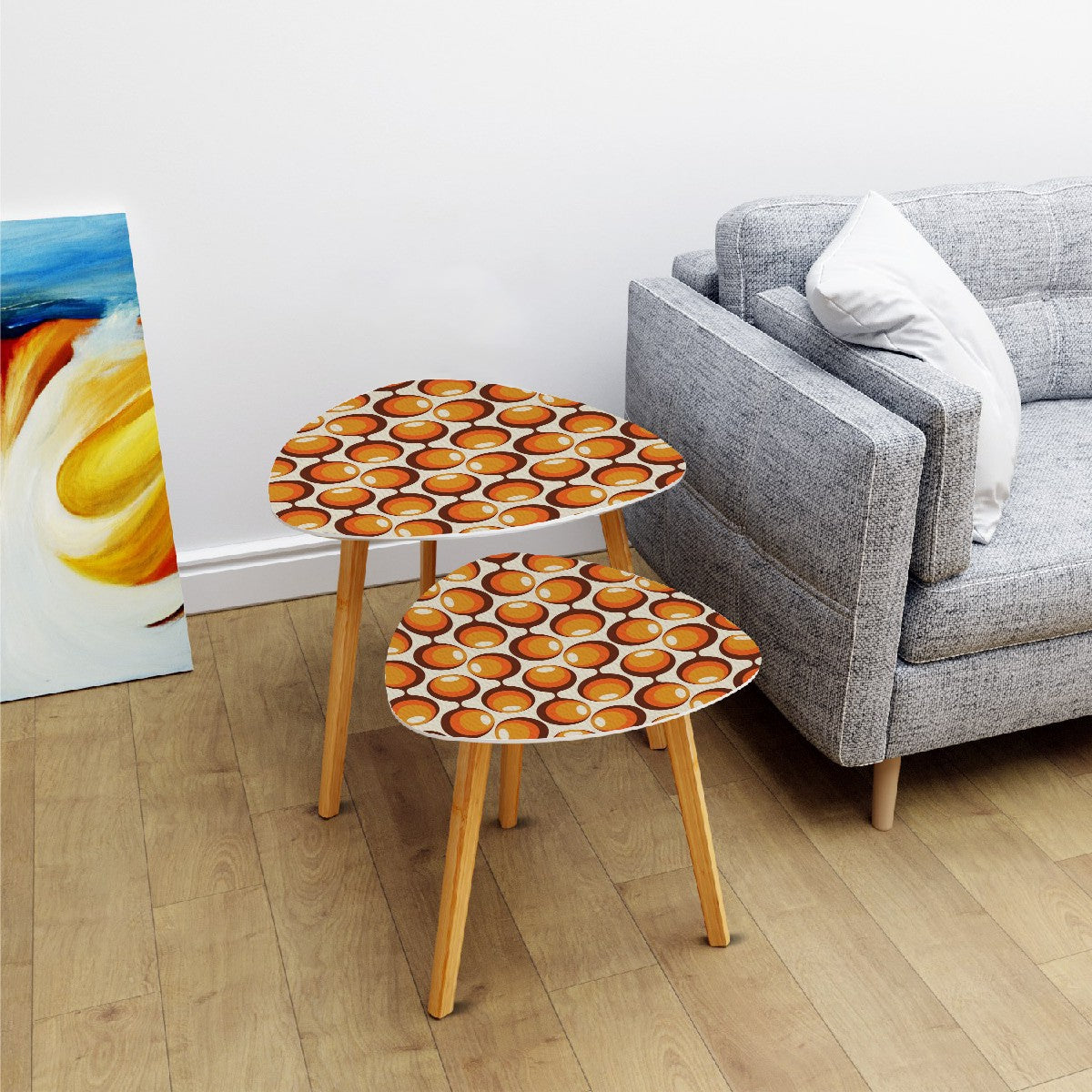 Space Orbs Mid Century Modern Nesting Tables, Orange Brown Retro Triangle Coffee Table Set of 2 - Mid Century Modern Gal