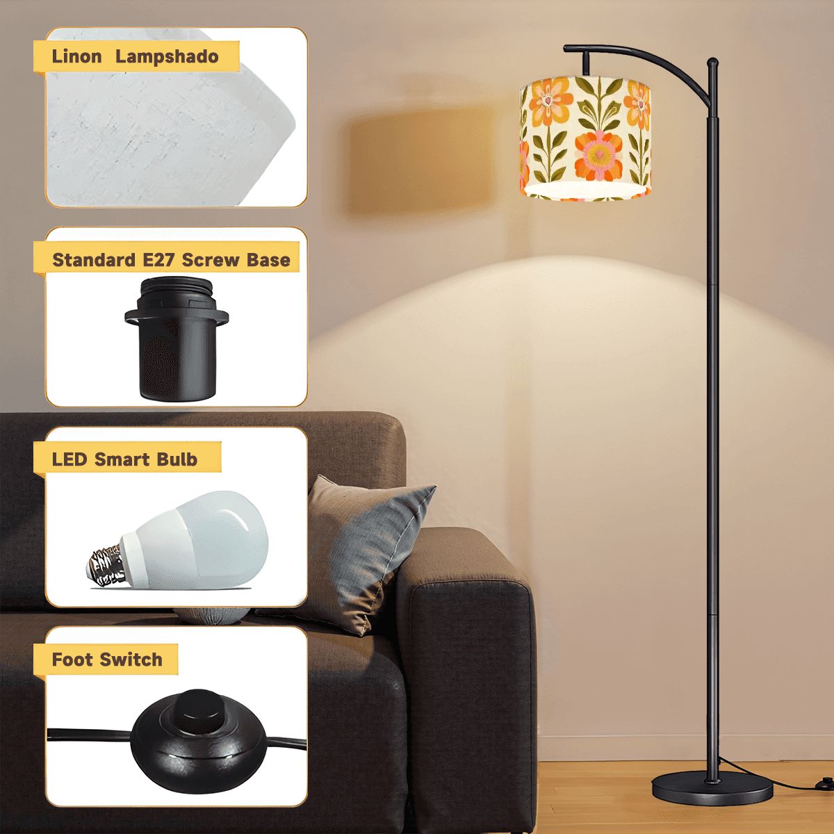 Modern Danish Scandinavian Floral Designed Mid Century Modern Arc Floor Lamp - Mid Century Modern Gal