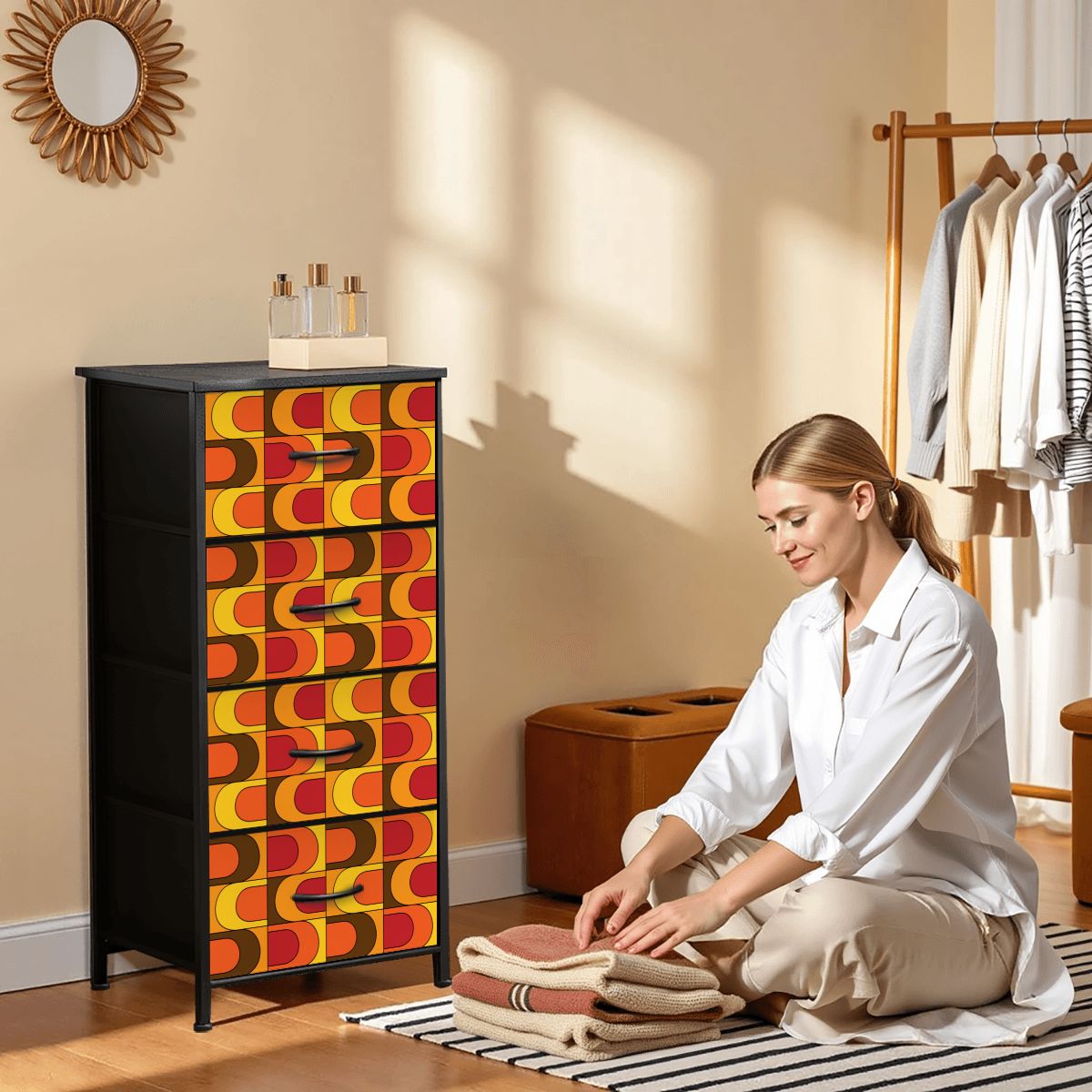 Retro Mid Mod Orange Yellow Brown Groovy 70s Design 4-Drawer Dresser - Mid Century Modern Gal