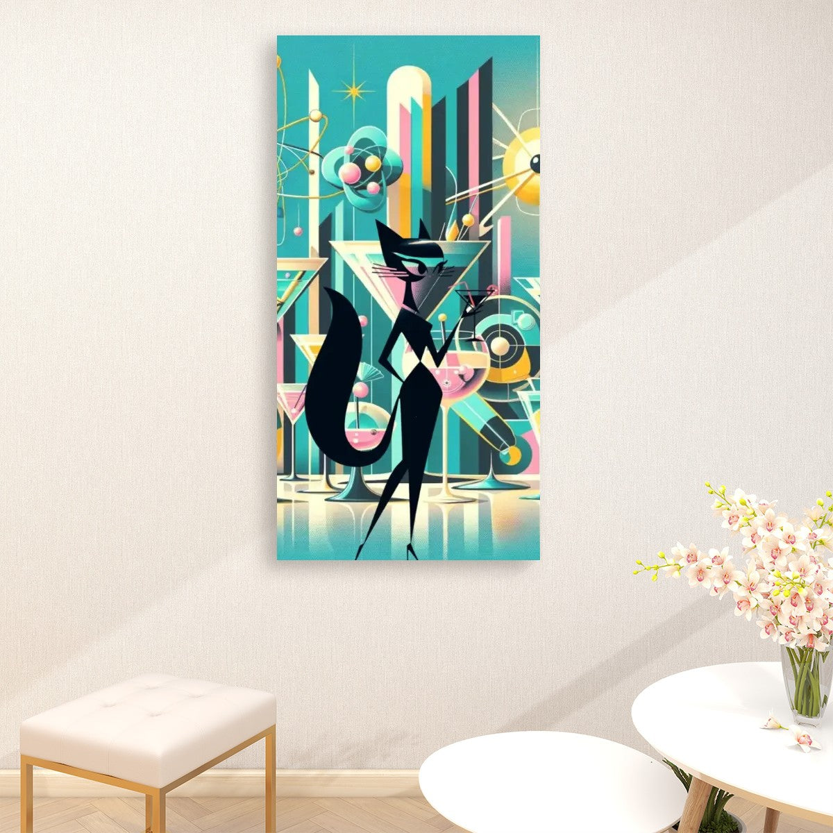 Atomic Cat Mid Century Modern Wall Art, Sexy Sexton Martini Barware Mod Wall Art - Mid Century Modern Gal