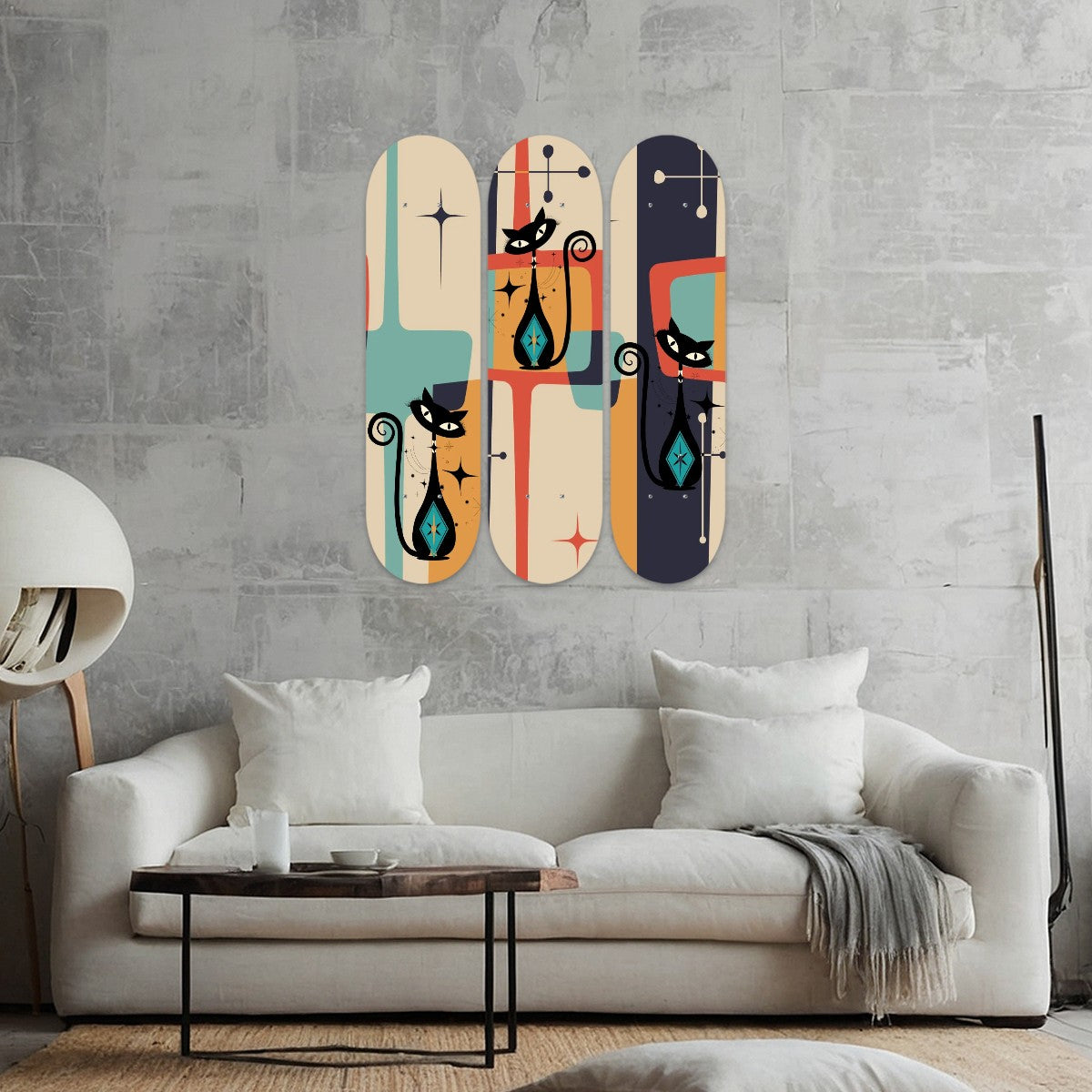 Mid Century Modern Wood Wall Art, Atomic Cat, Kitschy Quirky Oblong Panels - Mid Century Modern Gal