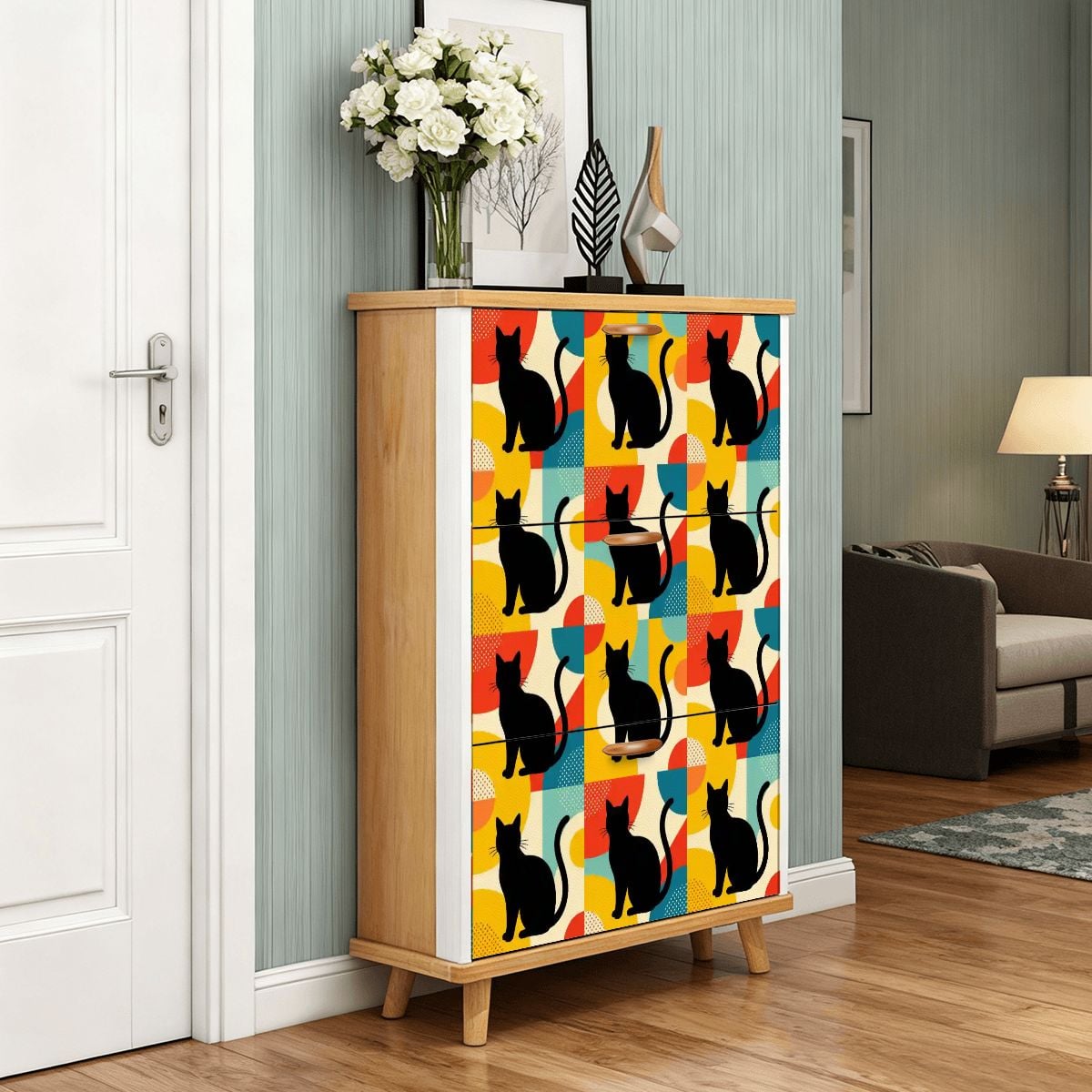 Pop Art Black Atomic Cats Shoe Cabinet
