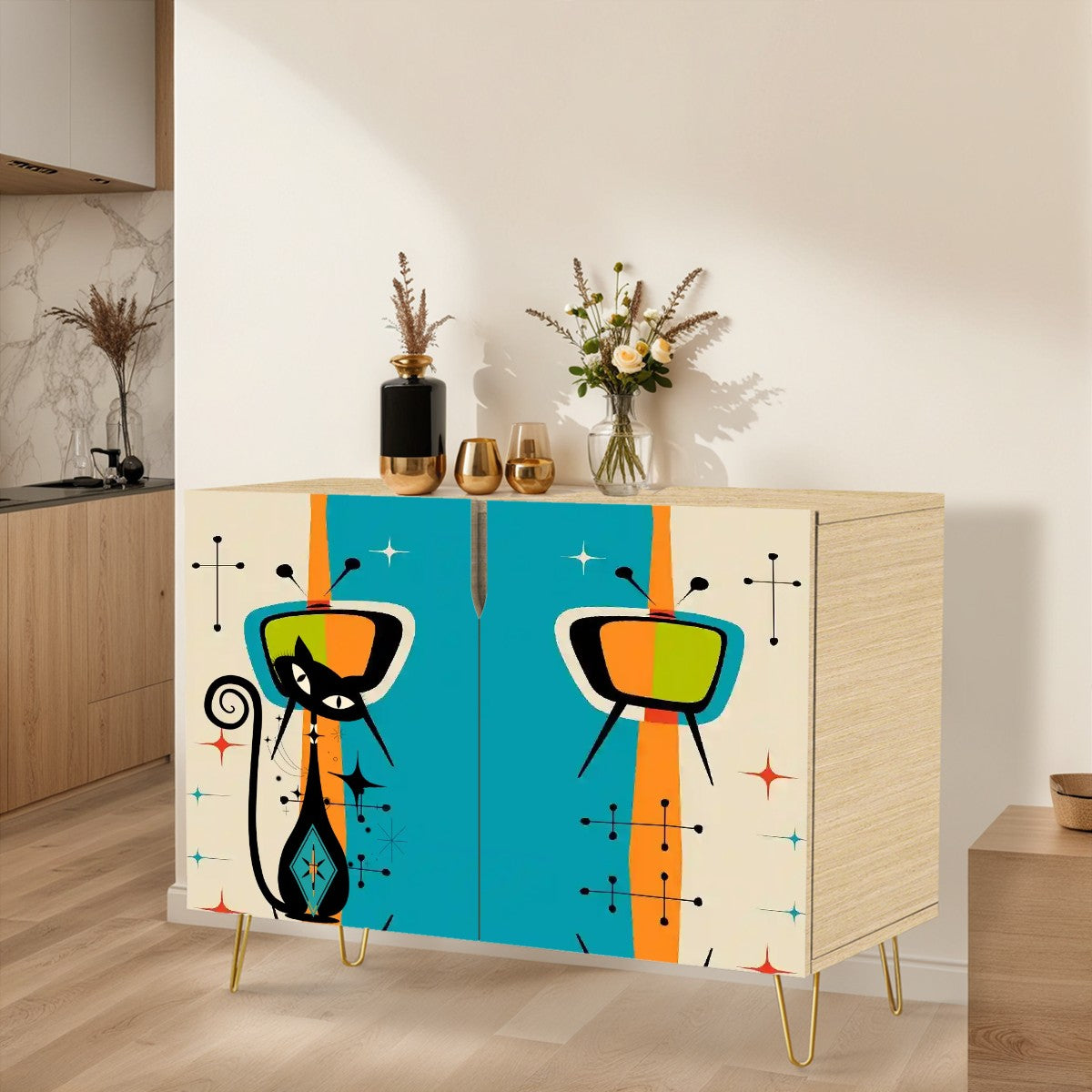 Mid Century Modern Atomic Cat, Retro TV Wooden Storage Cabinet - Mid Century Modern Gal