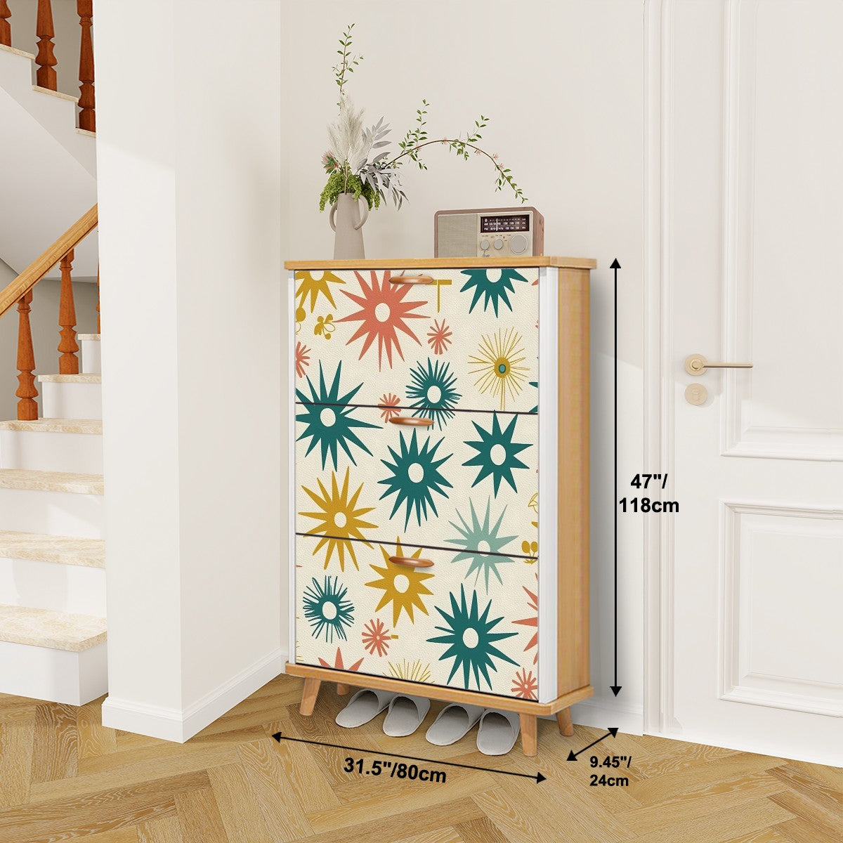 Atomic Starbursts Mid Century Modern Retro Shoe Cabinet - Mid Century Modern Gal