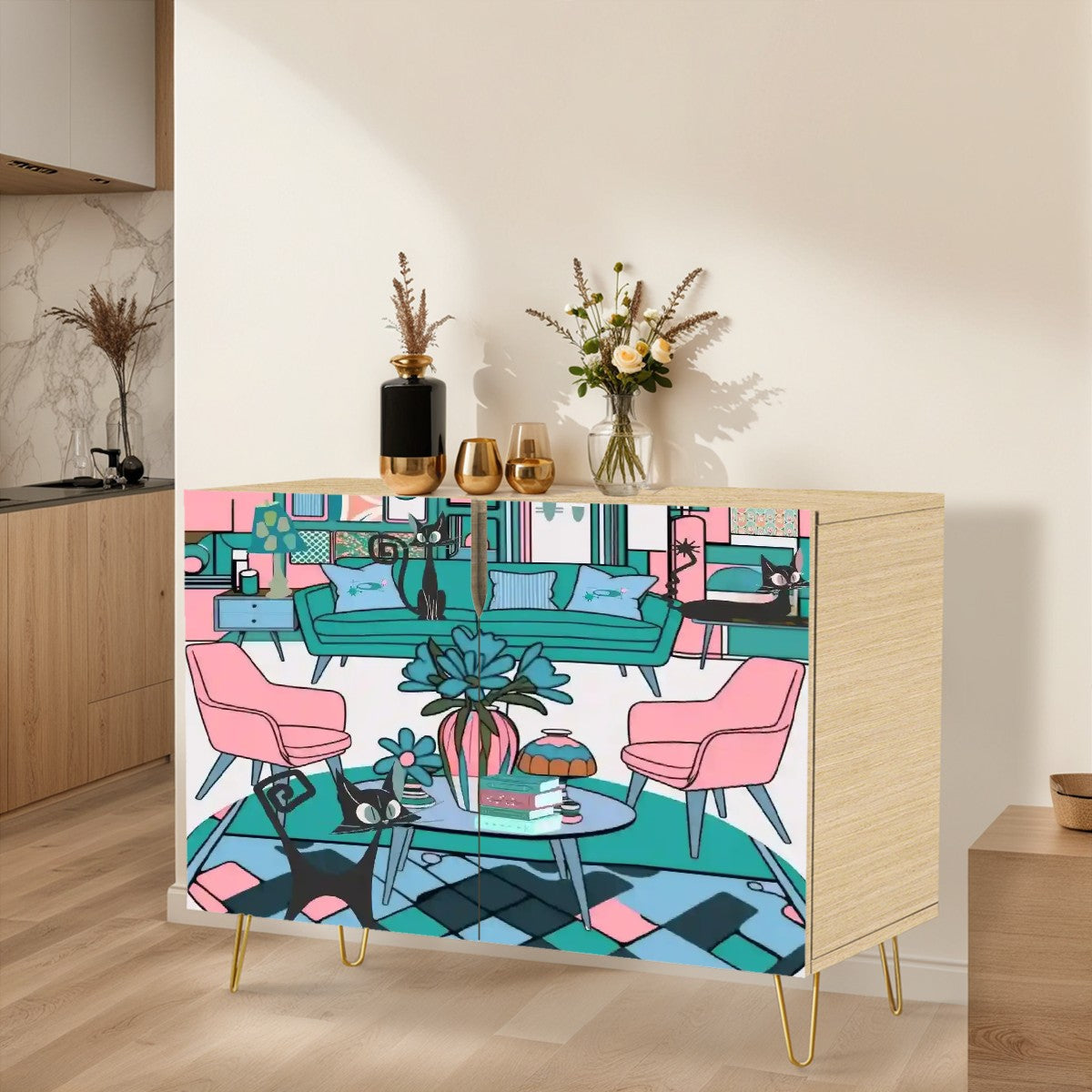 Mid Century Modern Kitschy Atomic Cat Mod Living Room TV Sise Board Credenza Cabinet - Mid Century Modern Gal
