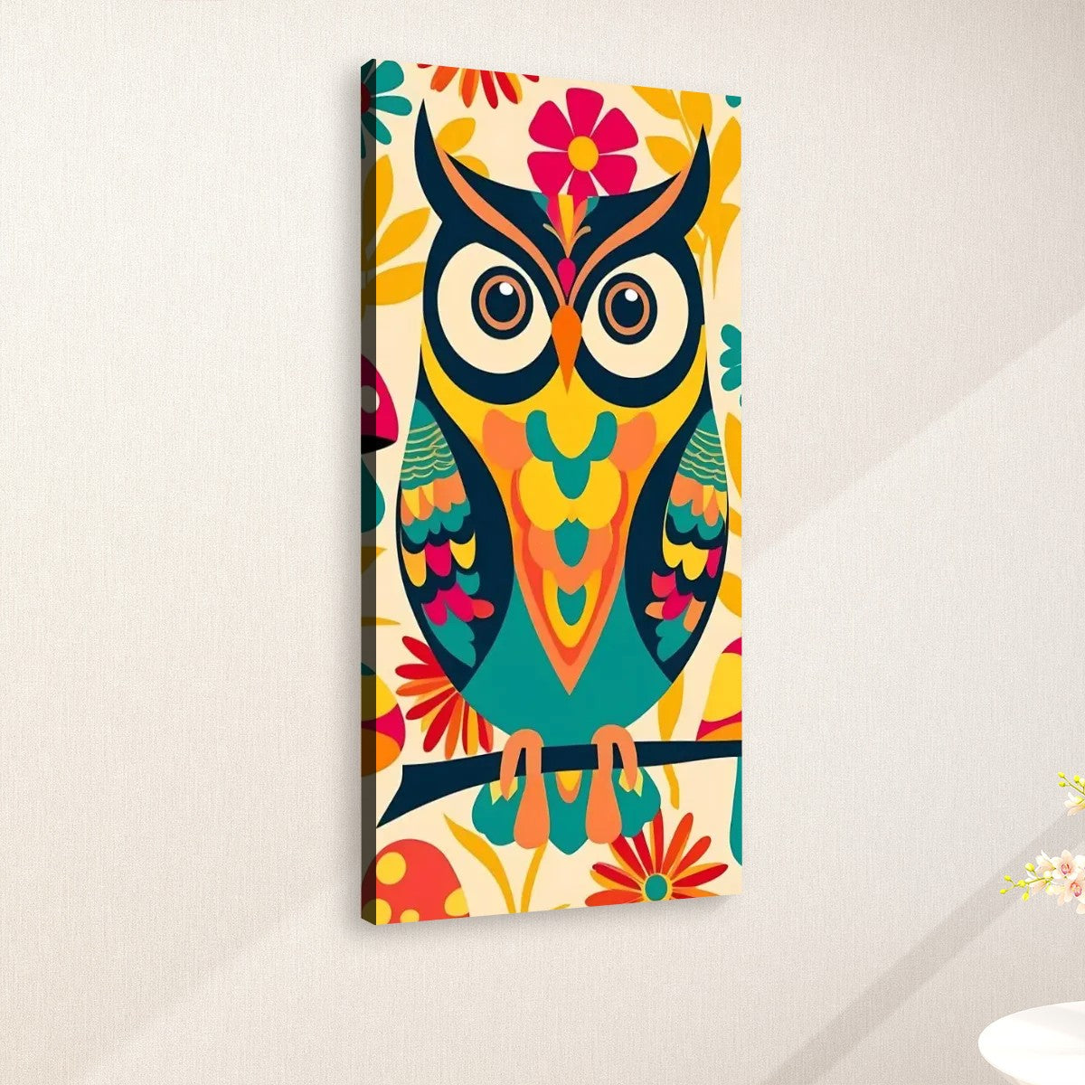Retro Owl 70s Groovy Wall Art, Funky Fun Boho Colors Large Wall Canvas - Mid Century Modern Gal