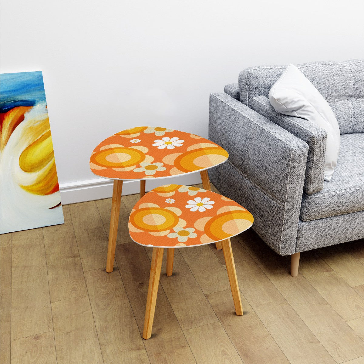 Retro 70s Flower Power Nesting Tables, Orange, Mod Daisy Triangle Coffee Table Set of 2 - Mid Century Modern Gal
