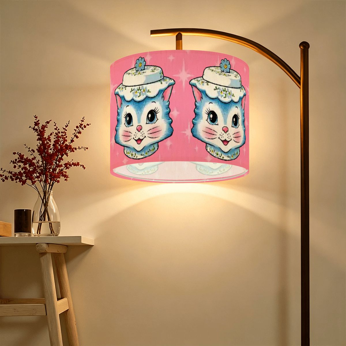 Mid Century Modern Kitschy Anthropomorphic Blue Cat with Floral Hat Lamp SHADE ONLY - For Arc Floor Lamps Only