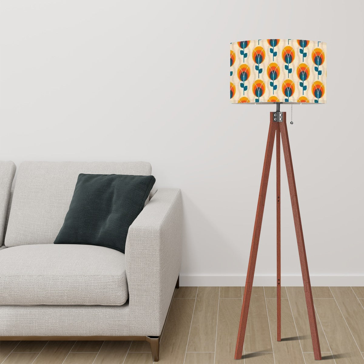 Mid Century Modern Scandinavian Flower, Orange Blue, Retro Tripod Floor Lamp - Mid Century Modern Gal