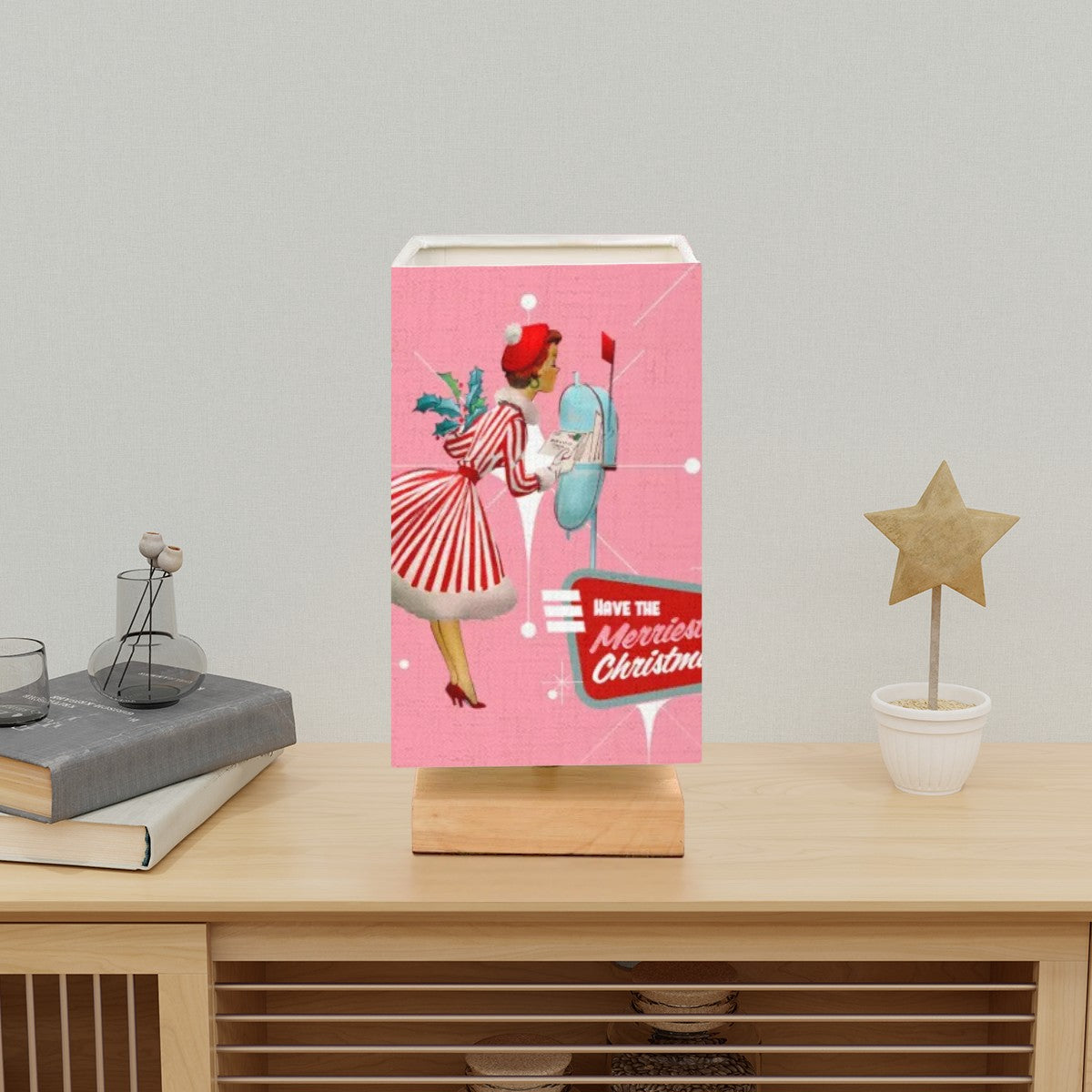 50s Holiday Kitsch Mid Century Modern Christmas Pink Mod Gal Square Table Lamp - Mid Century Modern Gal