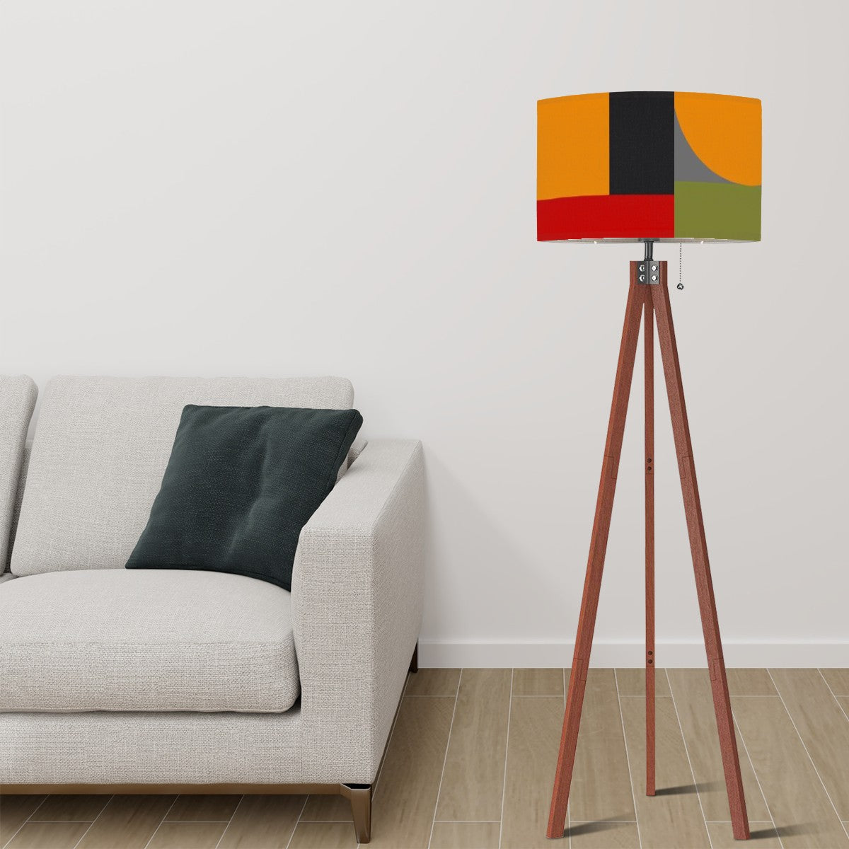 Mid Century Modern Wood, Linen Shade Tripod Floor Lamp Geometric Mod Design - Mid Century Modern Gal