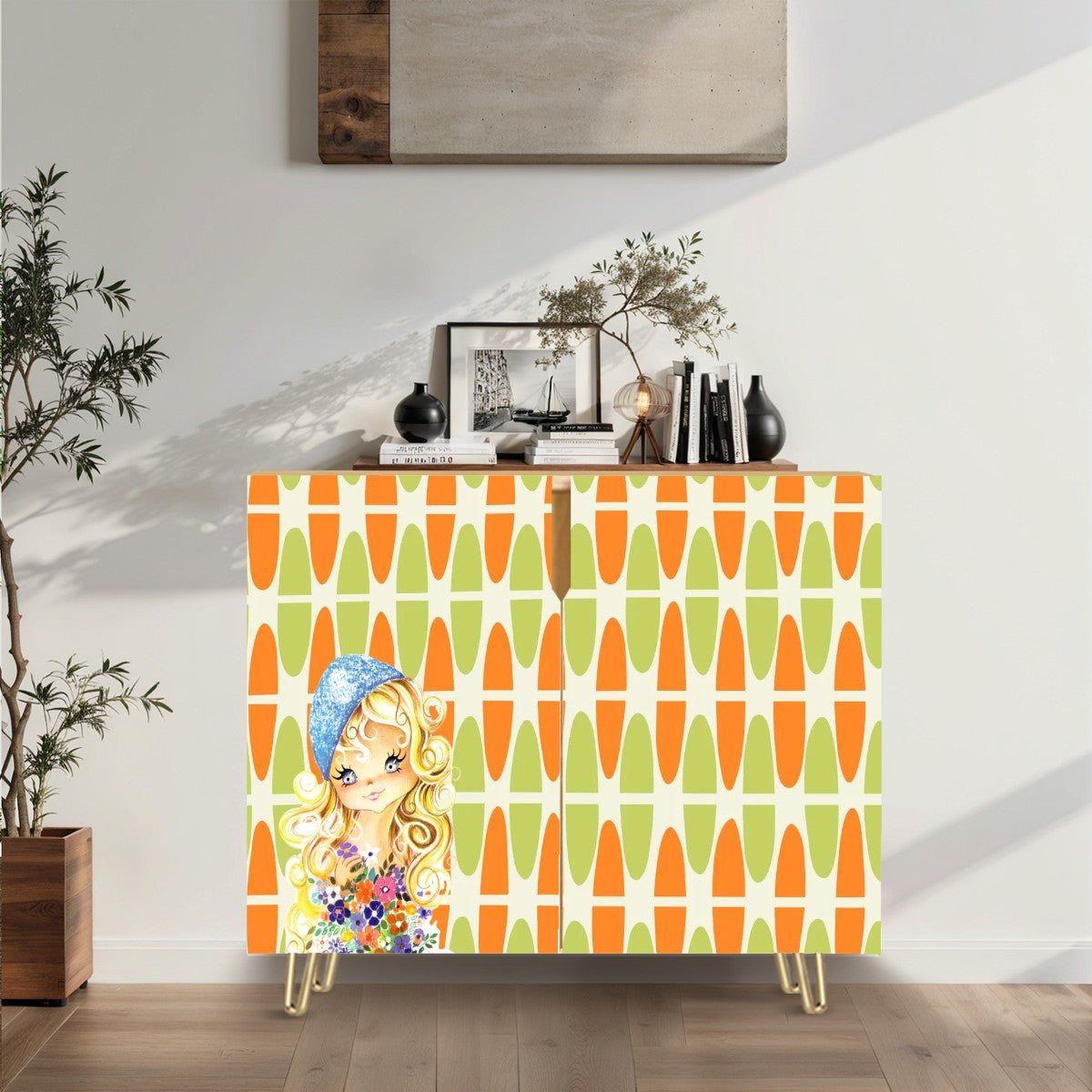 Retro 60s 70s Big Eyed Girl Mid Mod Orange Green Mid Century Modern Wooden Storage Cabinet - Mid Century Modern Gal