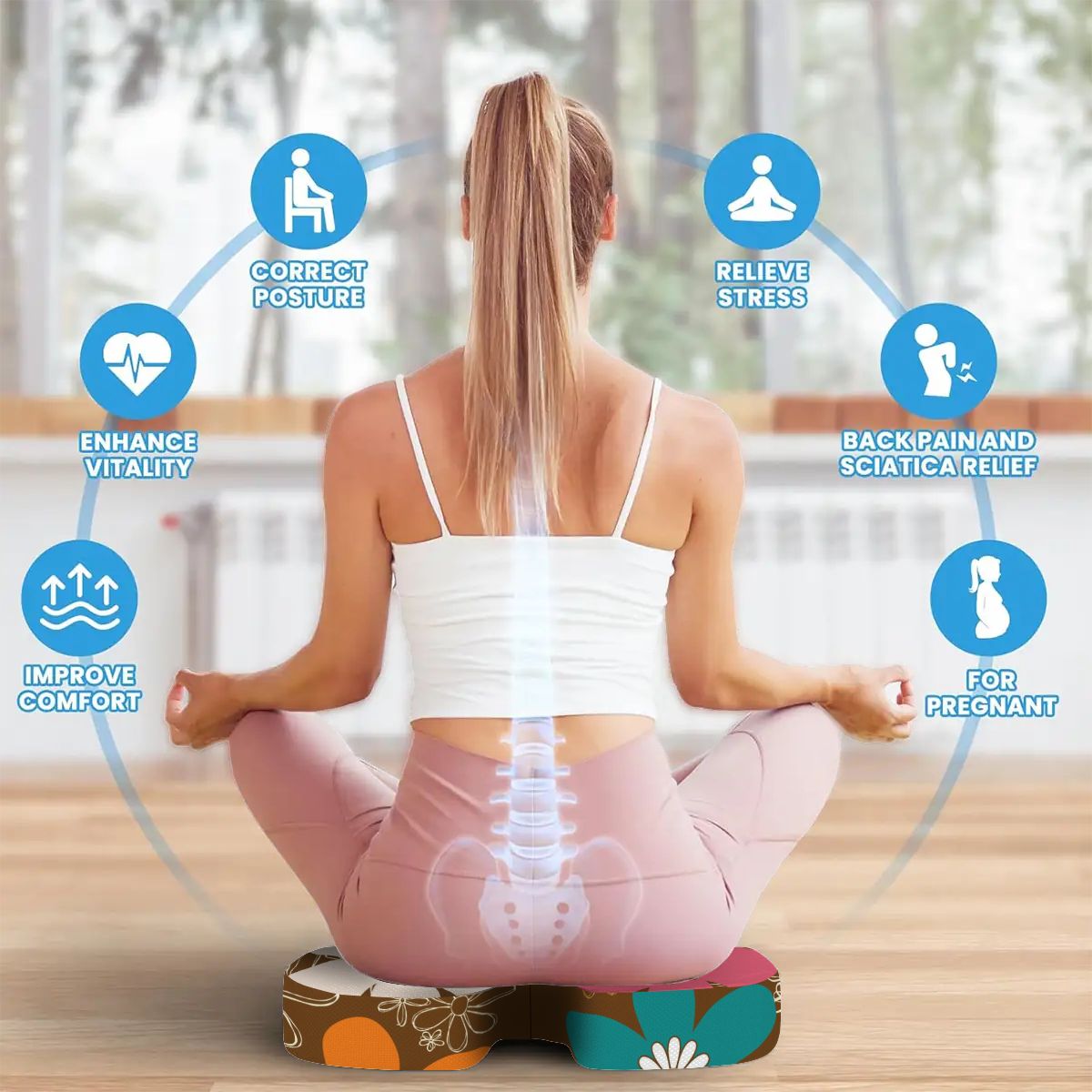 Retro Flower Power Mid Mod Brown Orange Teal Floral Orthopedic Memory Foam Seat Cushion - Mid Century Modern Gal