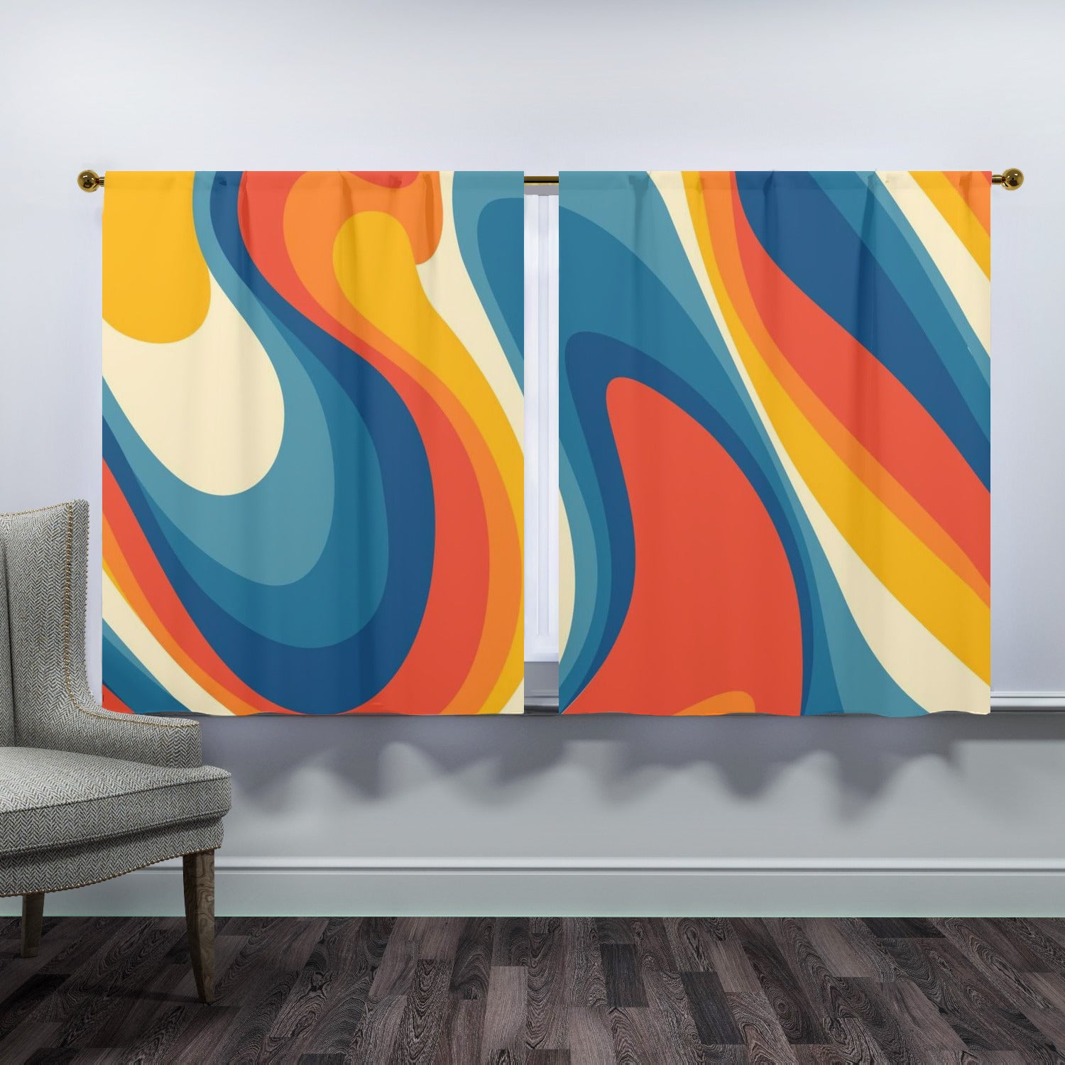 70s Retro Groovy Wave Mid Mod Yellow, Orange, Blue, Cream MCM Window Curtains (two panels) - Mid Century Modern Gal