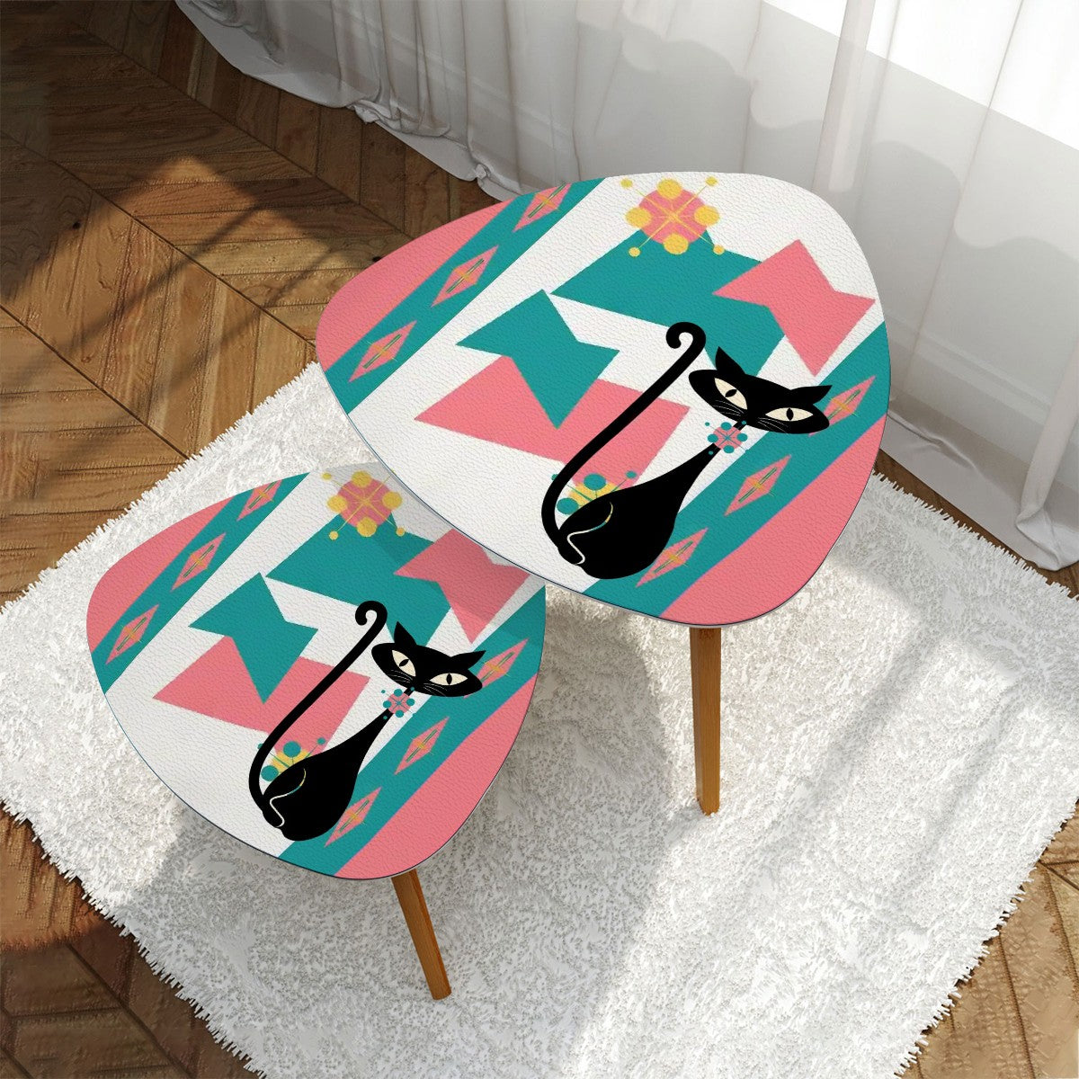 Atomic Cat Mid Century Modern Nesting Tables, Pink, Teal Kitschy Livingroom, Bedroom Tables - Mid Century Modern Gal