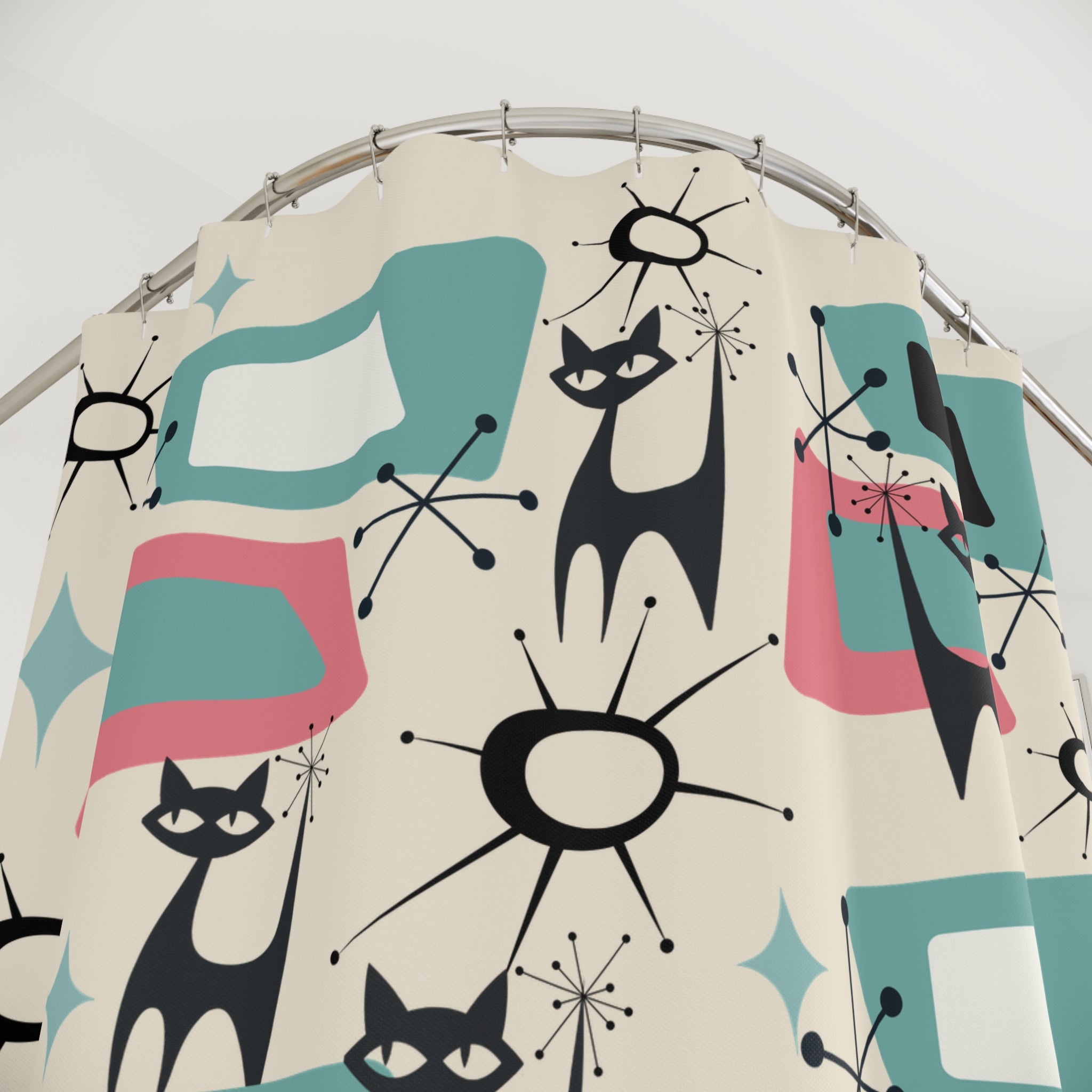 Atomic Space Kitties In Flight, Mid Century Modern Shower Curtain - Mid Century Modern Gal