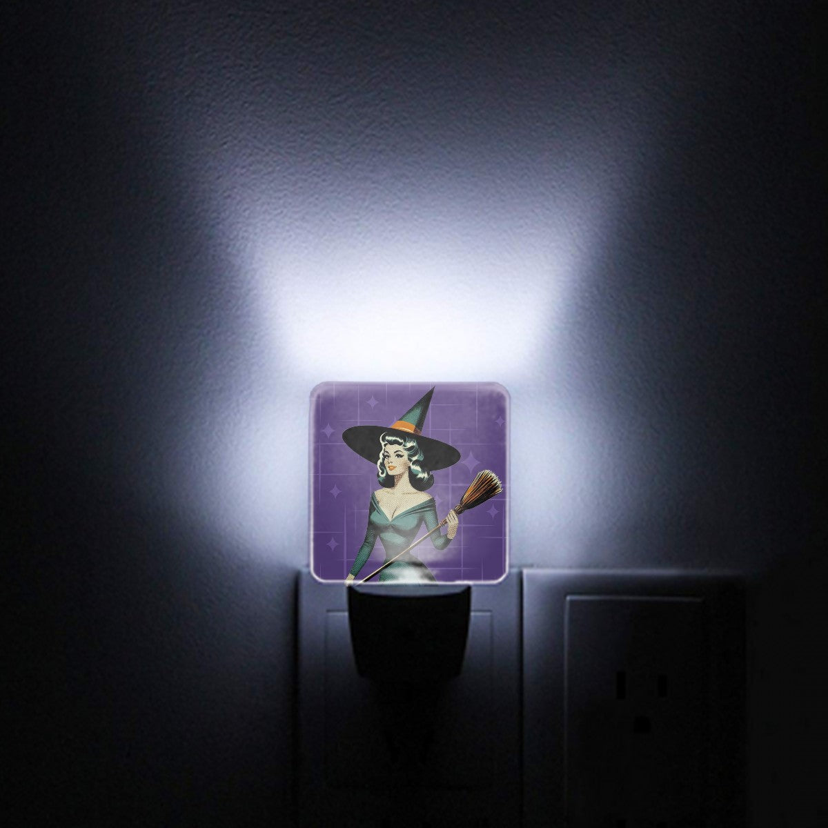 Mid Century Modern Vintage Pin Up Witch Purple Teal Halloween LED Night Light Set of 2 - Mid Century Modern Gal