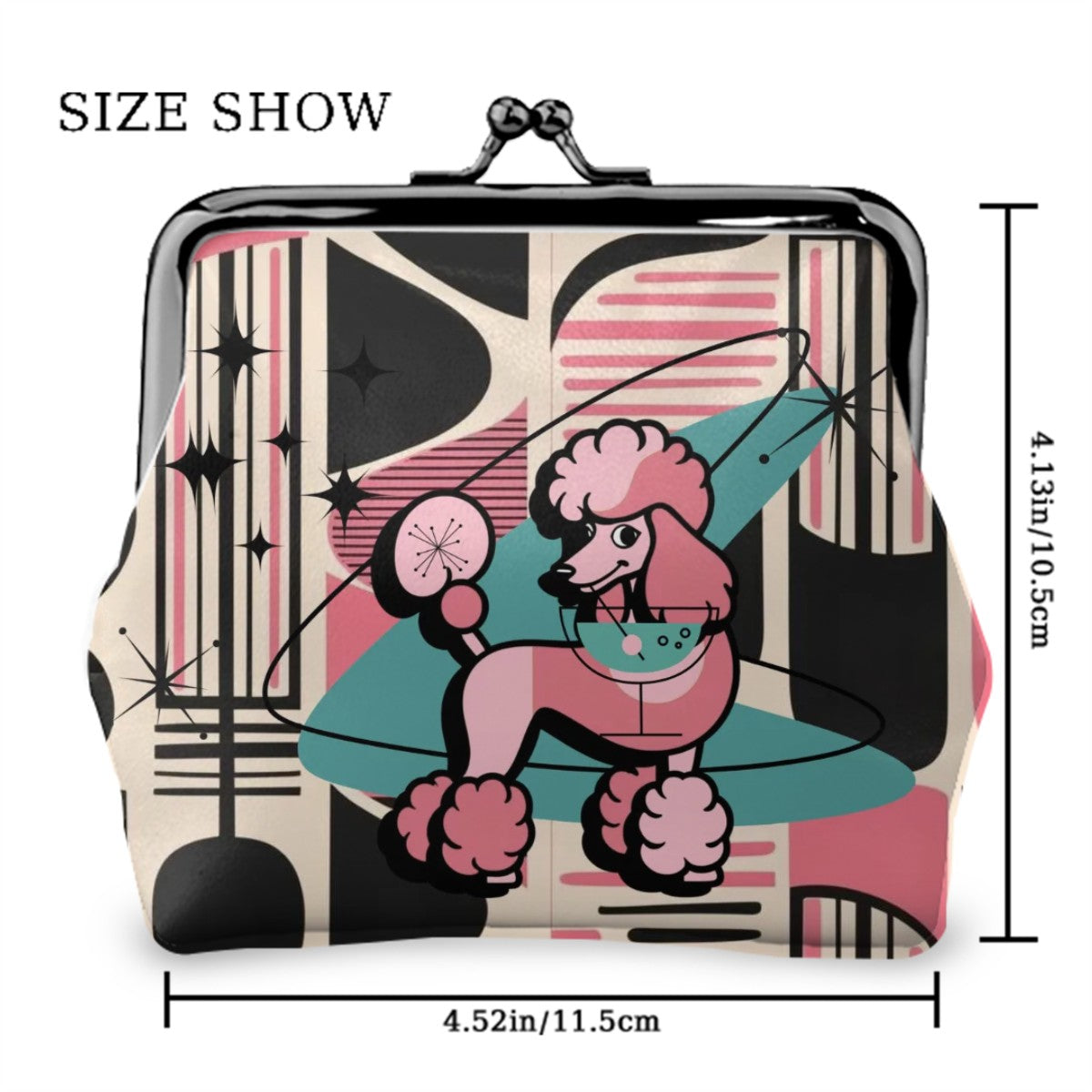 50s Poodle Kitschy Mod Black, Pink Atomic Boomerang Coin Purse - Mid Century Modern Gal