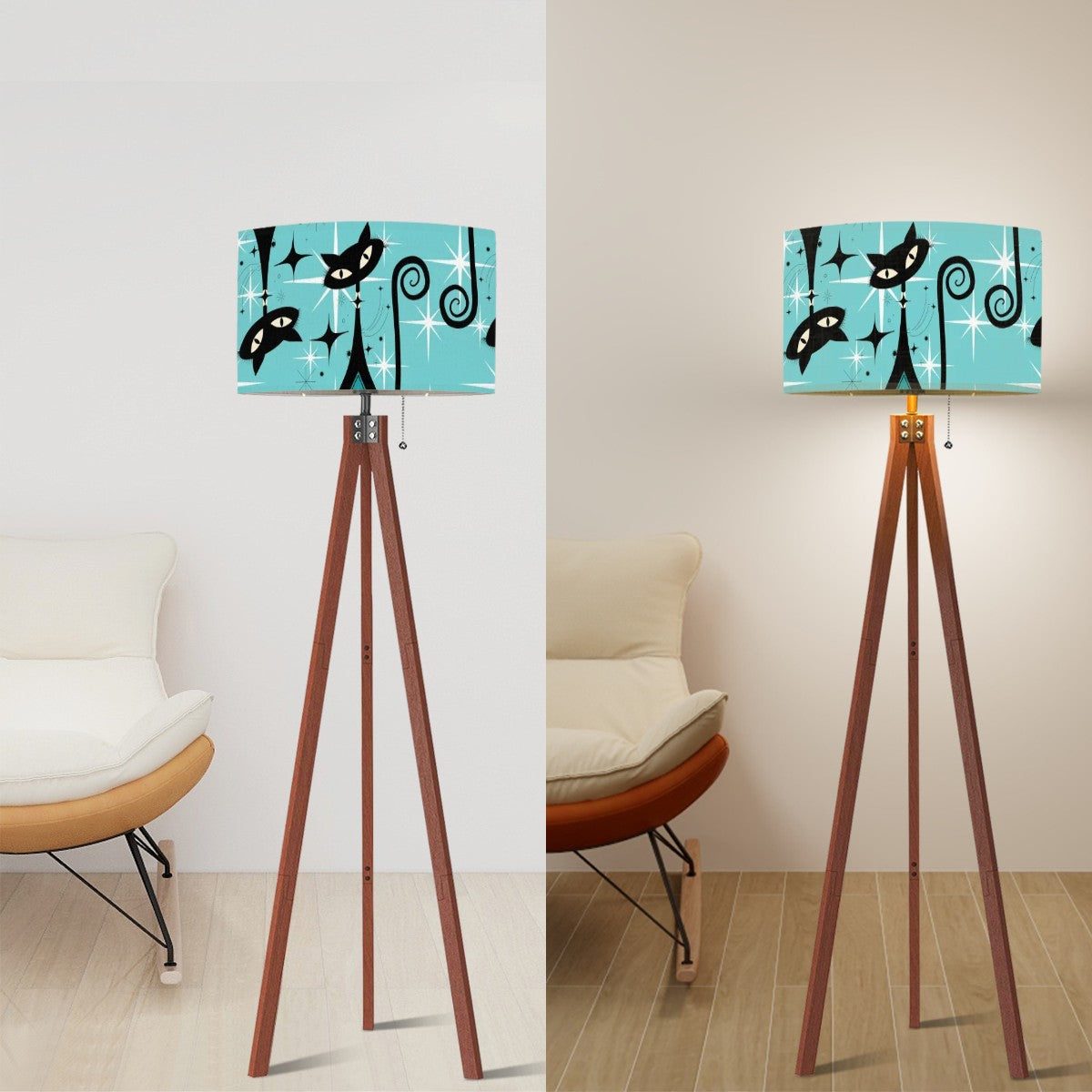 Mid Century Modern Tripod Floor Lamp, Atomic Aqua Starburst, Kitschy Quirky Mod Cats - Mid Century Modern Gal