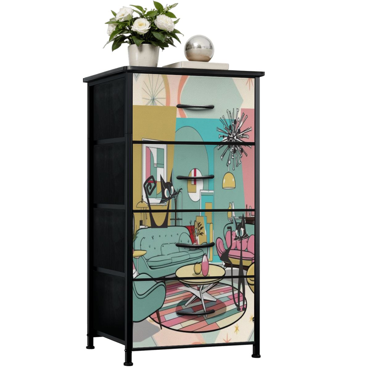 Atomic Cat, Mid Century Modern Lounging Retro Cats, MCM 4-Drawer Dresser - Mid Century Modern Gal