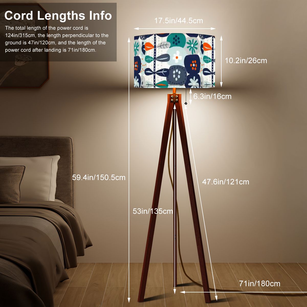 Scandinavian Floral Blue, Orange Modern Danish Nordic Hyggee Mid Century Modern Tripod Lamp - Mid Century Modern Gal