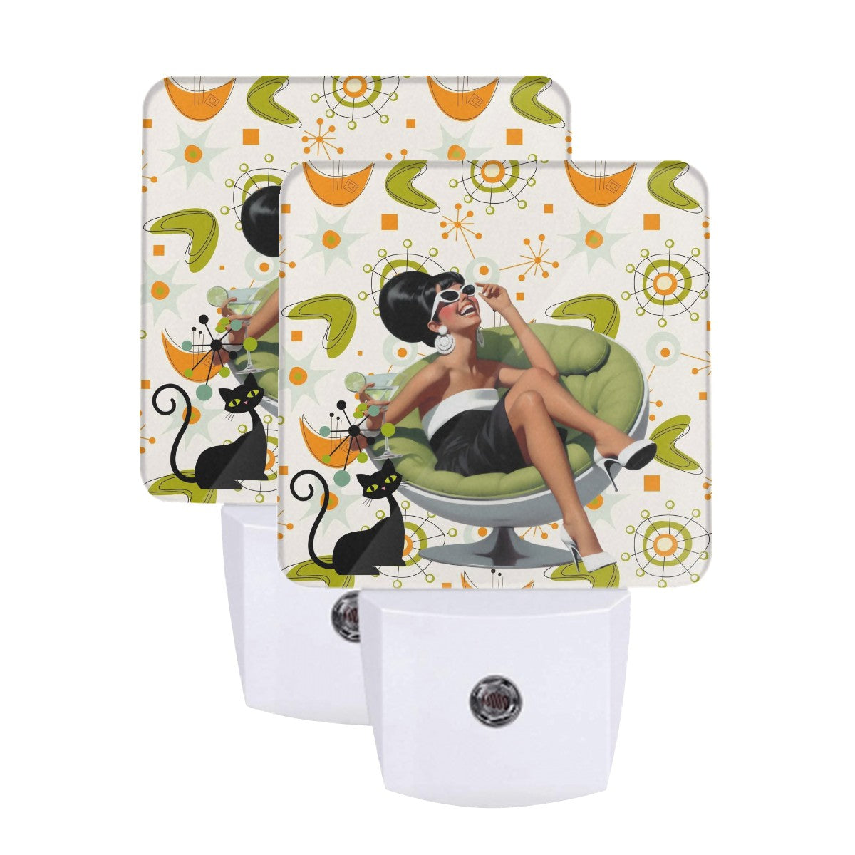 Mid Mod 60s Gal, Martini Lover, Atomic Cat Orange Green Starburst LED Night Light Set of 2 - Mid Century Modern Gal