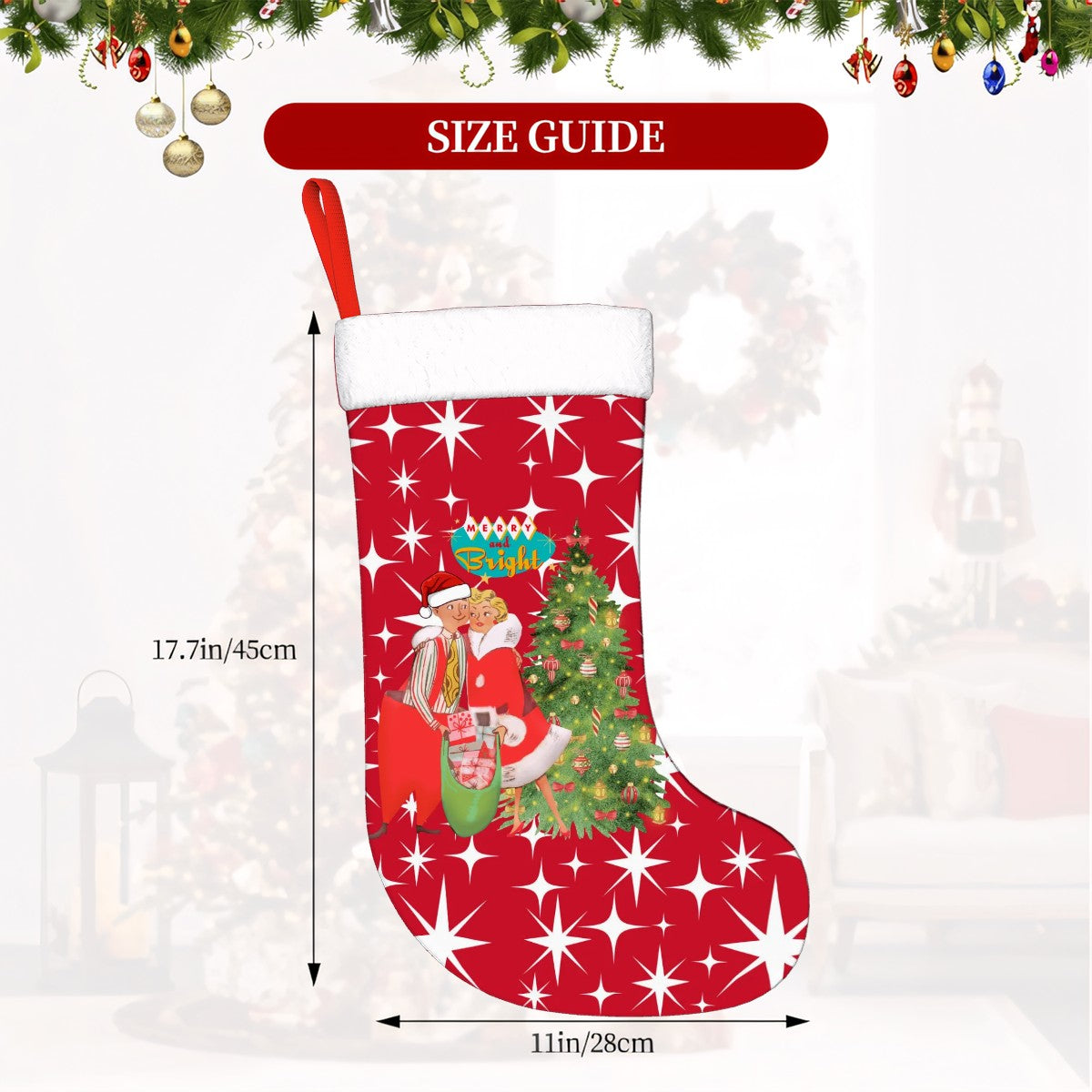 Mid Century Modern Red Starburst, Kitschy Mod Couple Plush Christmas Stocking - Mid Century Modern Gal