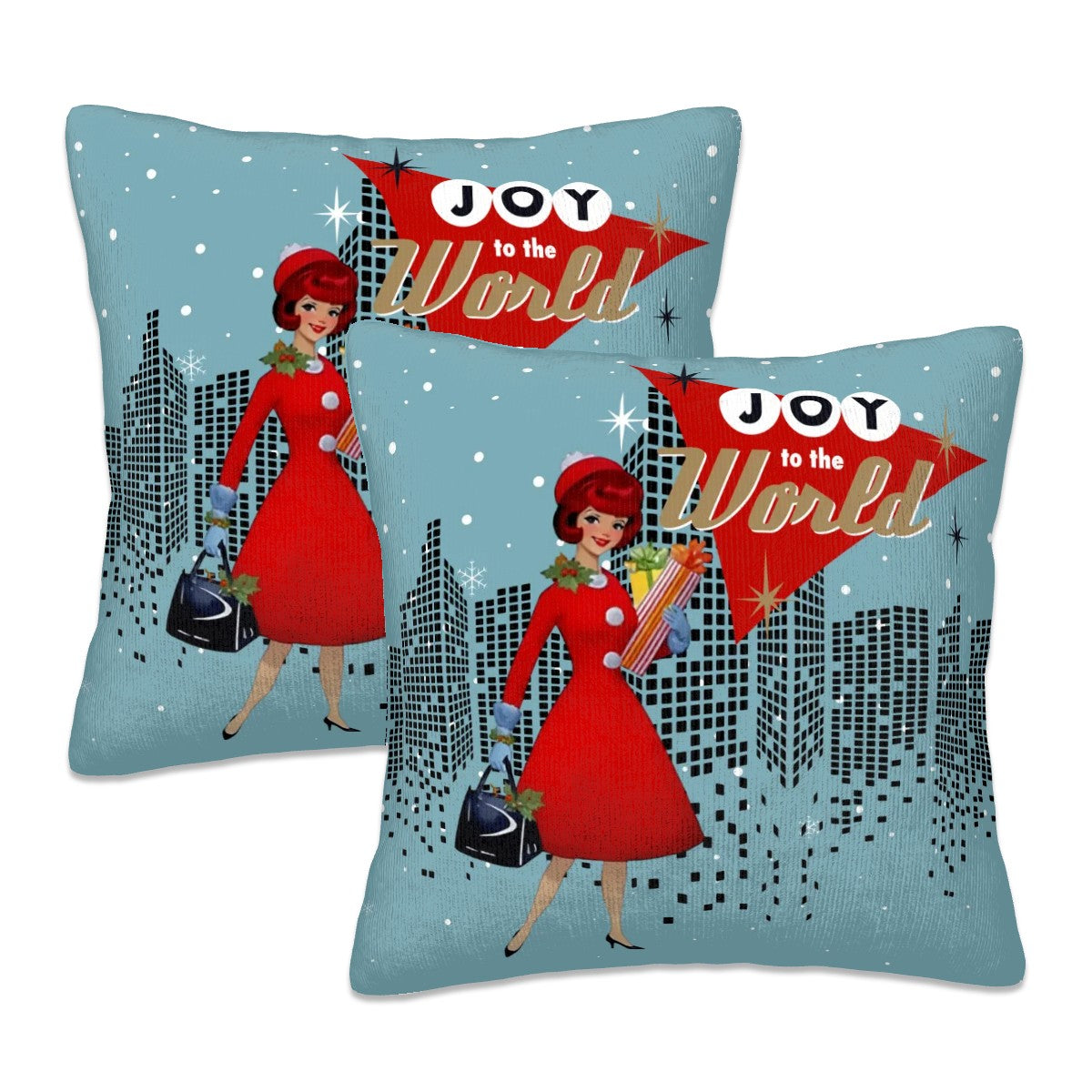 Mid Century Modern Christmas Pillow Cover, Mod Gal, Joy To The World City Scape - Mid Century Modern Gal
