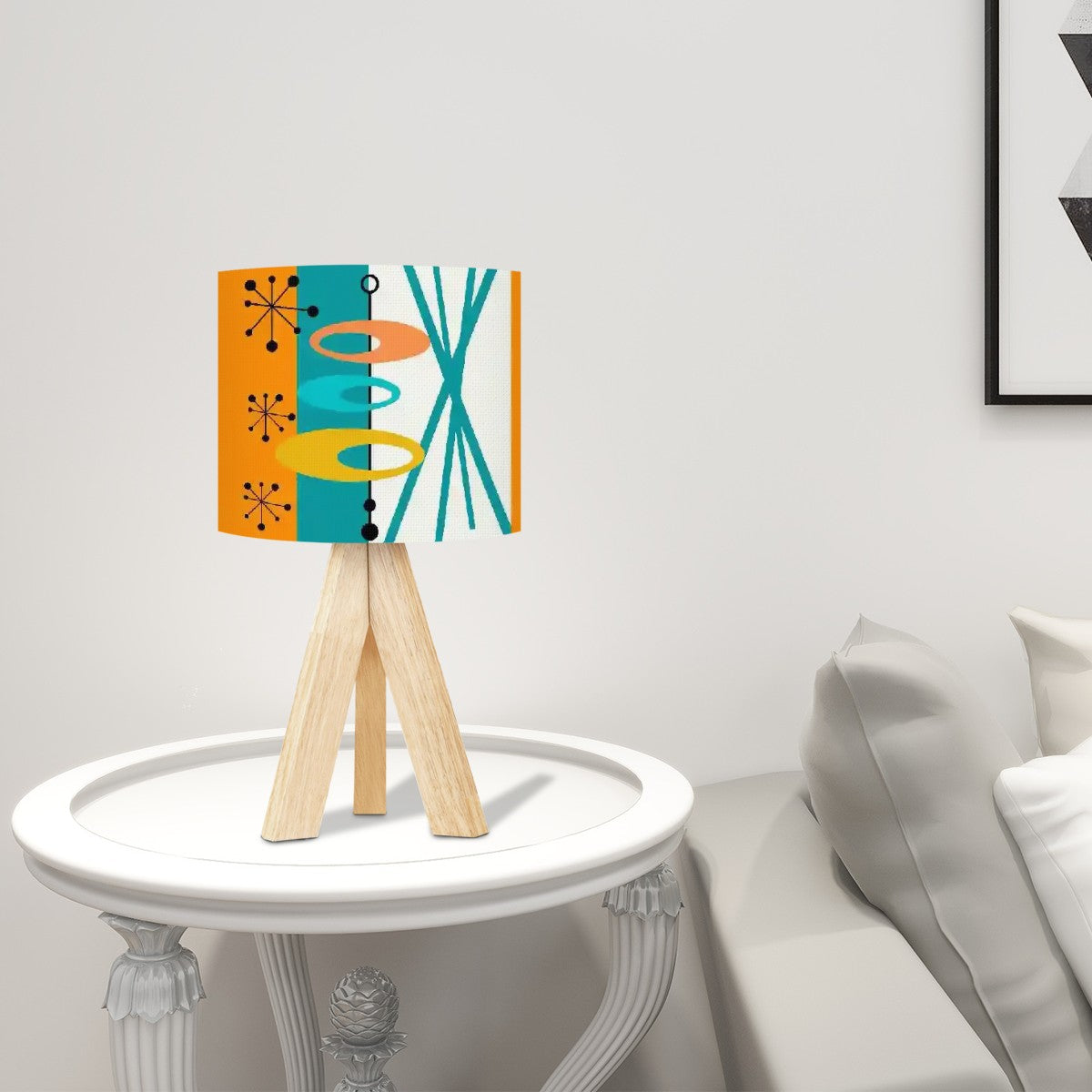 Mid Century Modern Tripod Table Lamp, Orange, Teal, Starbursts Googie Designs - Mid Century Modern Gal