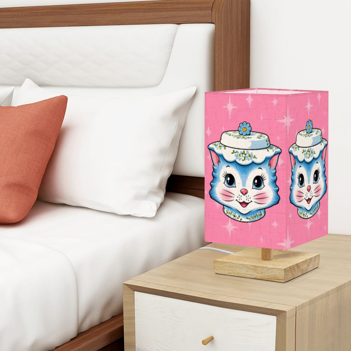 Mid Century Modern Kitschy Anthropomorphic Blue Cat with Floral Hat Square Table Lamp - Mid Century Modern Gal