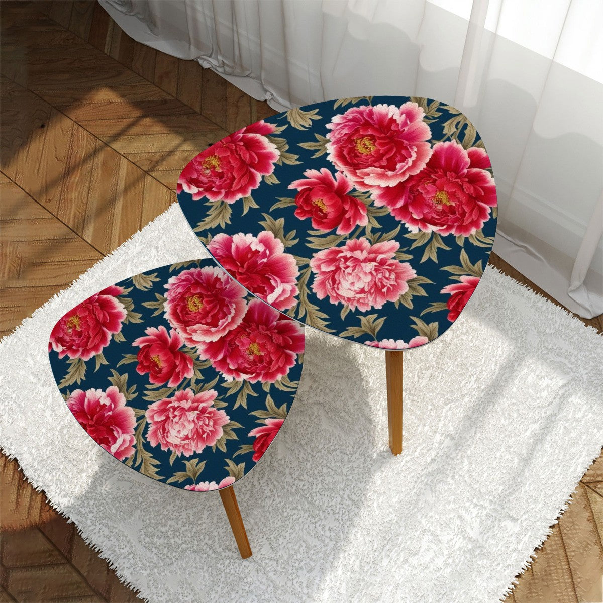 Modern Chinoisierie Royal Blue, Pink Red Floral Nesting Tables - Mid Century Modern Gal