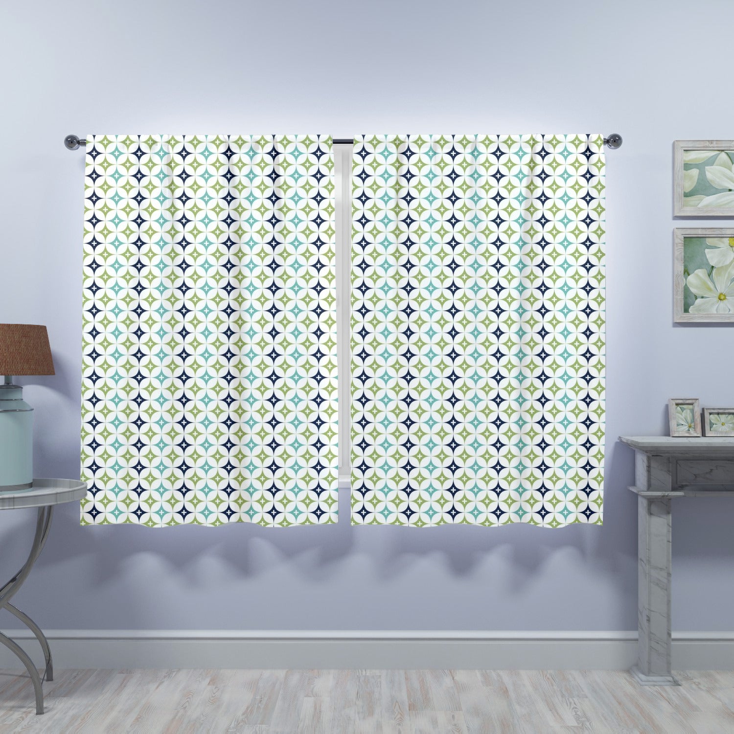 Blue Green, Aqua Diamond Starburst Retro Mid Century Modern Opaque Window Curtains - Mid Century Modern Gal