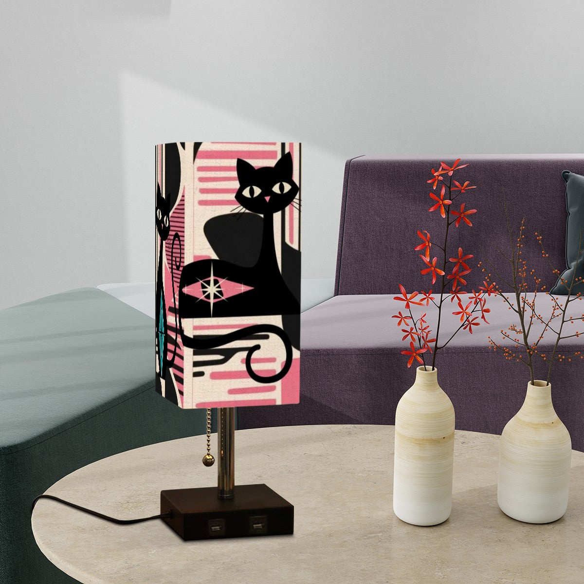 Atomic Cats Kitschy Mid Mod Pink, Black Retro Mod Table Lamp - Mid Century Modern Gal