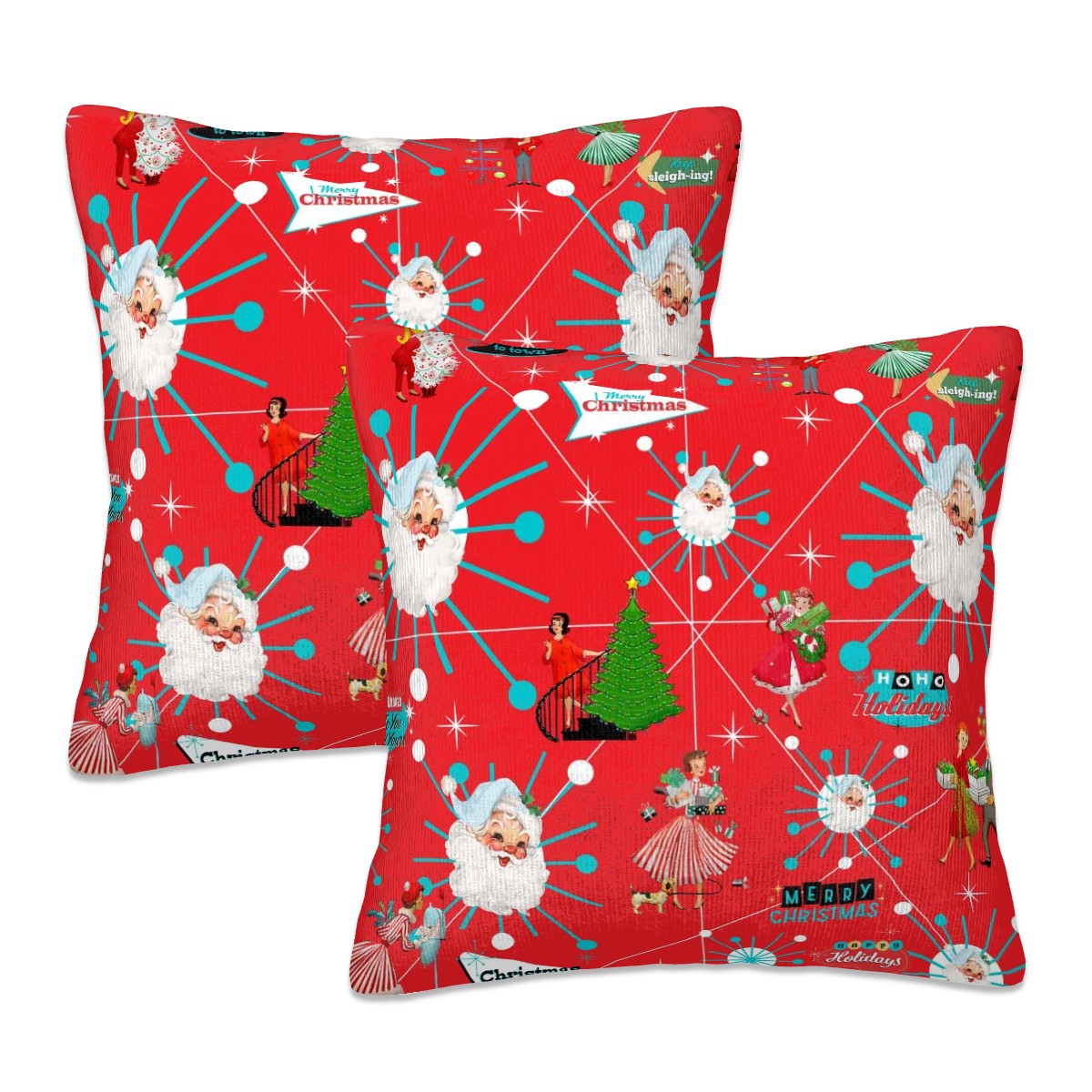 Mid Century Modern Christms Starburst Santa, Kitschy Holiday Gals, Plush Throw Pillow Covers - Mid Century Modern Gal