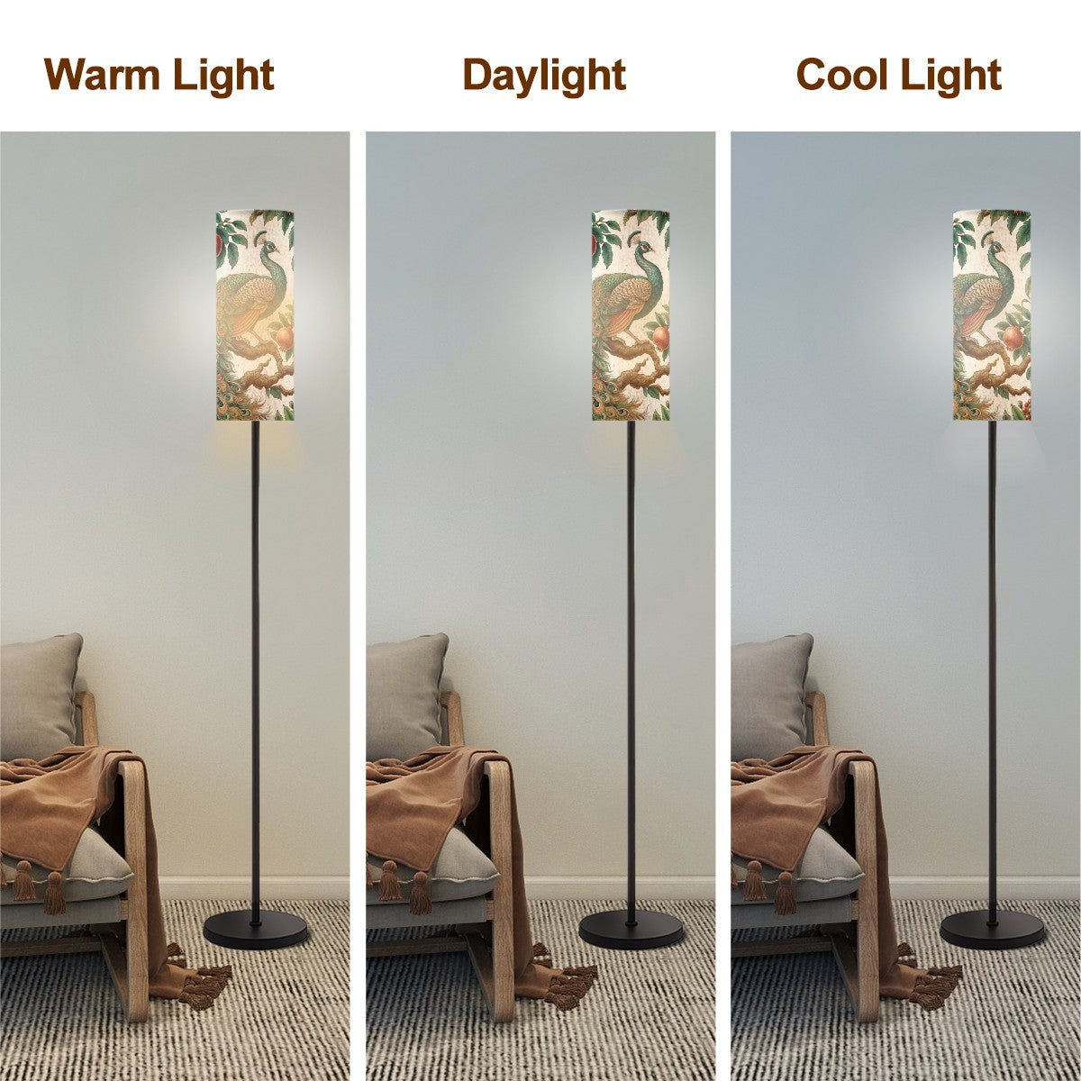 Floral Peacock Asian Infused Modern Slim Floor Lamp With Remote - Mid Century Modern Gal