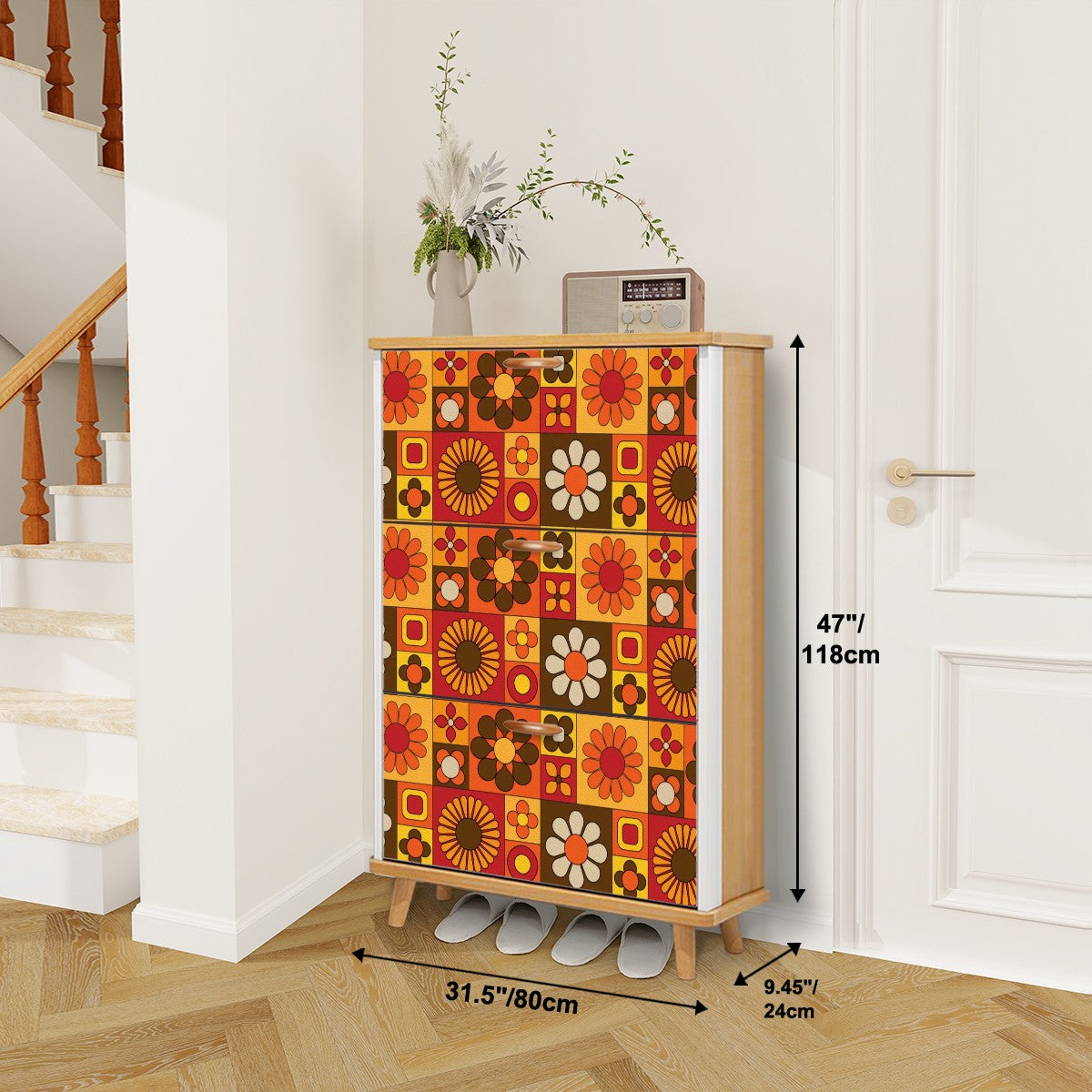 Retro 70s Mod Floral Orange Brown Yellow Mid Mod Hip Mudroom Storage Solution Shoe Cabinet - Mid Century Modern Gal