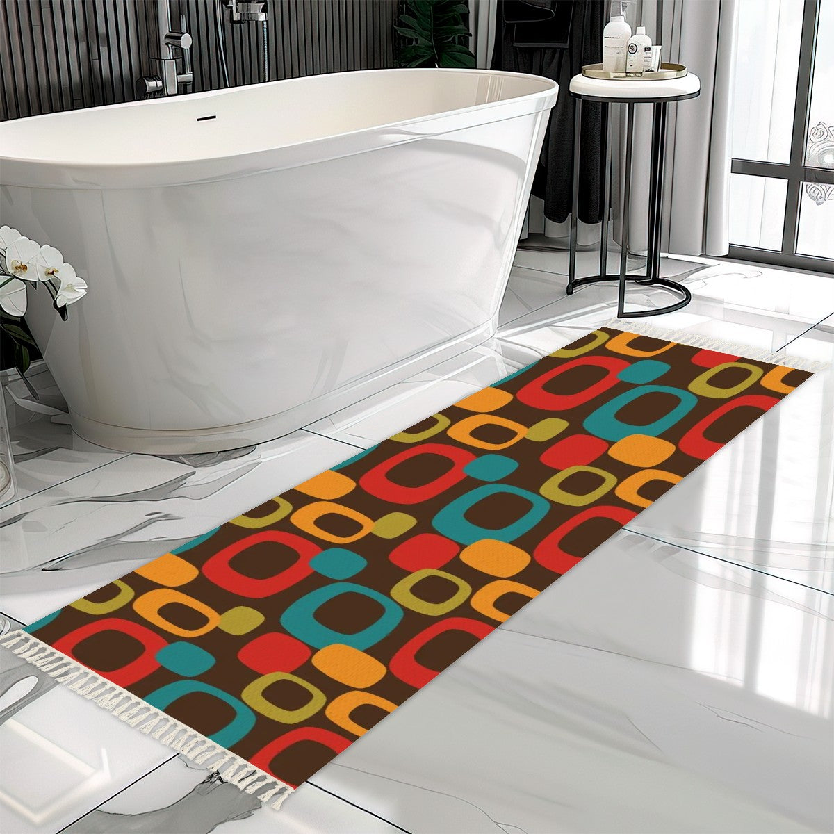Mid Century Modern Chocolate Brown, Groovy Mod Runner Rug with Tassels - Mid Century Modern Gal