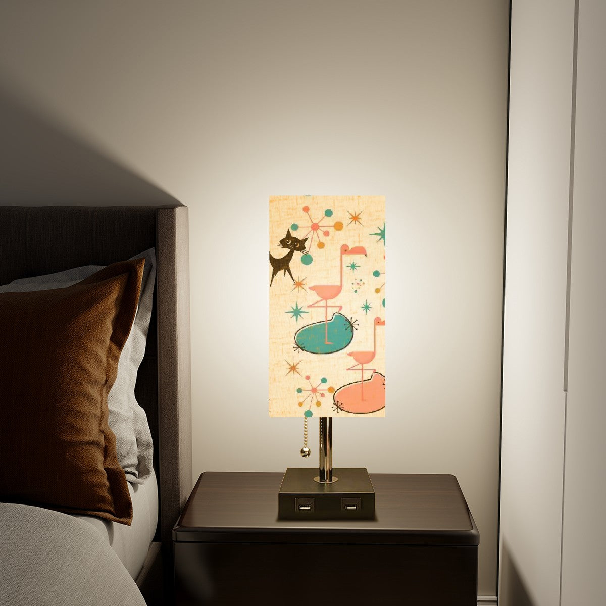 Atomic Cat Flamingo Palm Spring Cali Style, Mid Century Modern Square Table Lamp - Mid Century Modern Gal