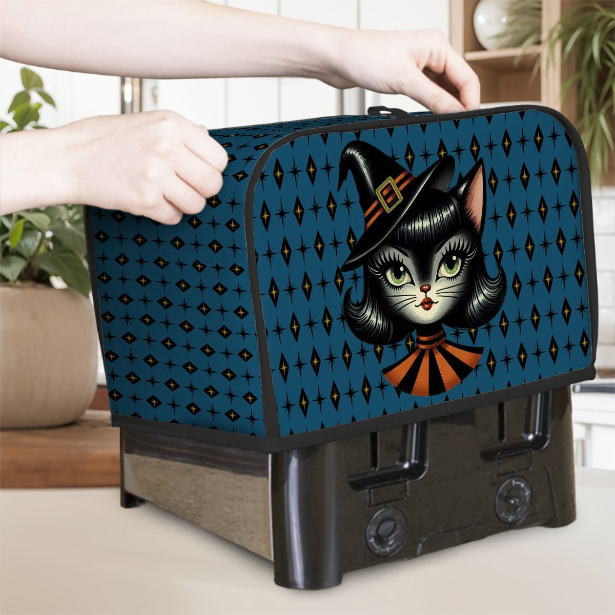Vintage Halloween Black Cat Sexy Sexton Mid Century Modern Blue 2 Slice Toaster Cover - Mid Century Modern Gal