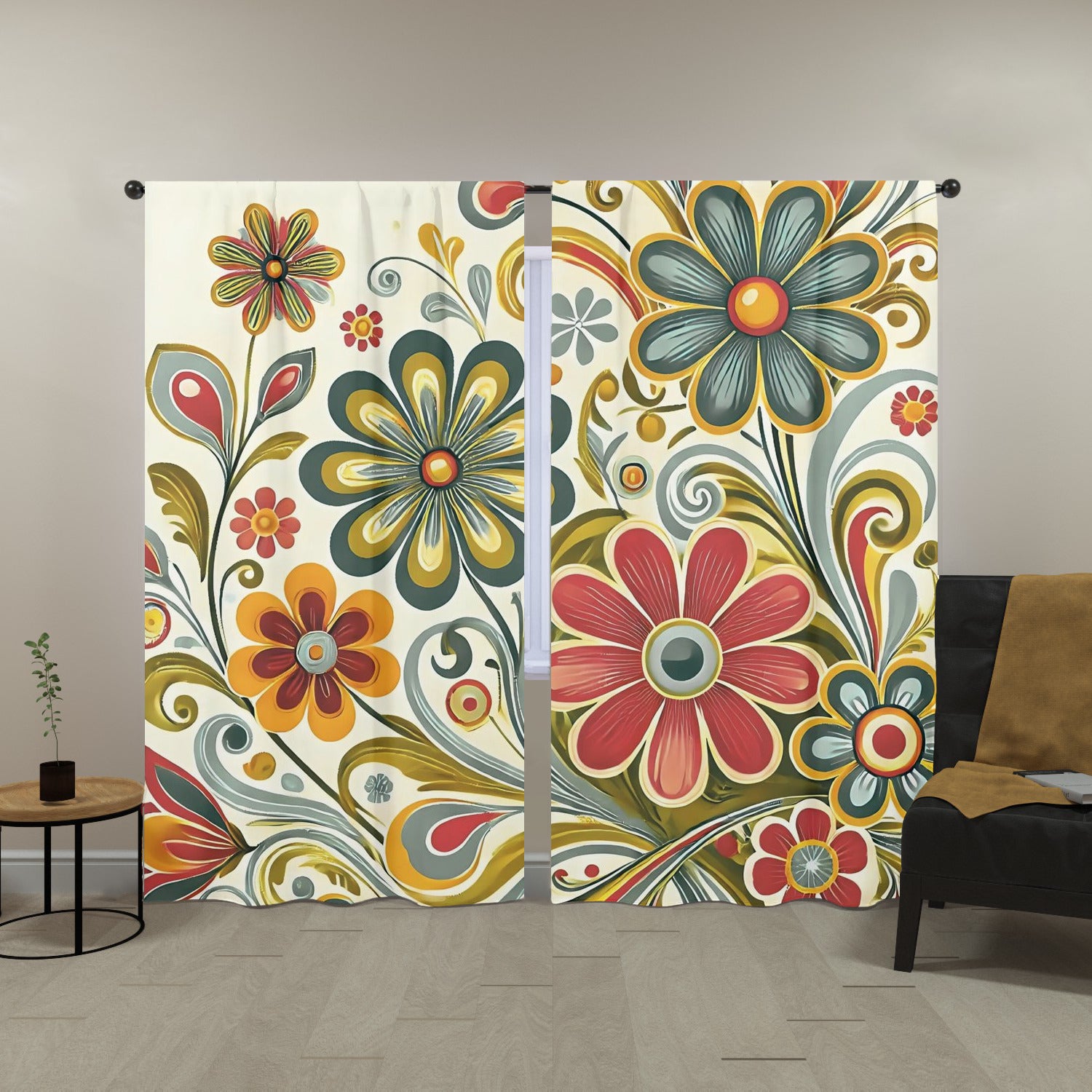 Retro Floral Mid Mod Colorful Funky Fun Window Curtains (two panels) - Mid Century Modern Gal