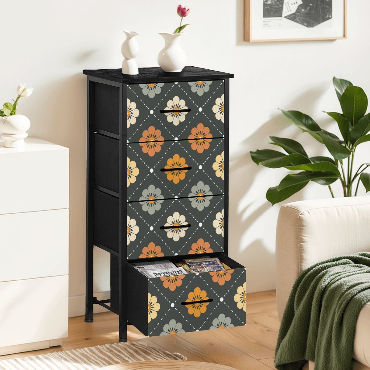 Scandinavian Floral, Mustard Yellow, Gray Mid Century Modern 4-Drawer Dresser - Mid Century Modern Gal