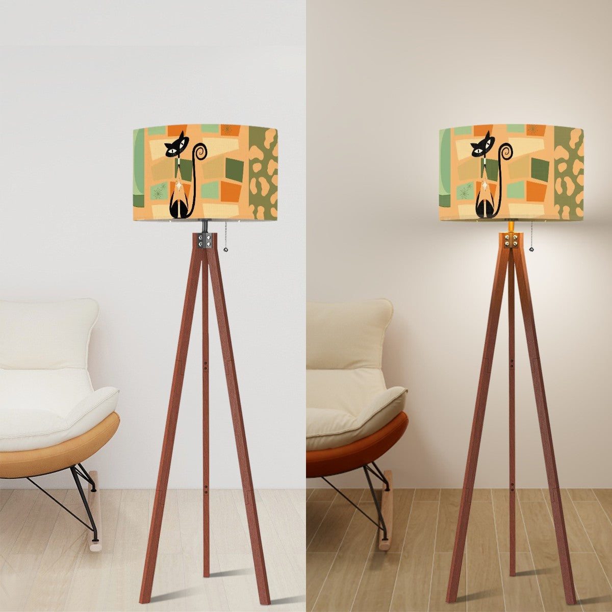 Atomic Cat Mid Century Modern Tripod Floor Lamp, Light Coral Orange, Green Mod Home Lighting - Mid Century Modern Gal
