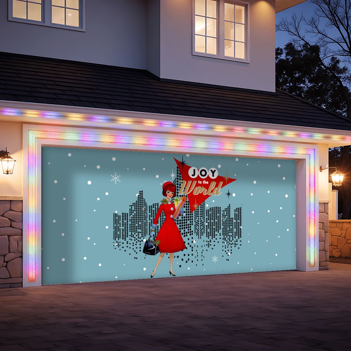 Mid Century Modern Christmas, Mod Gal, Joy To The World City Scape Garage Door Banner Backdrop - Mid Century Modern Gal