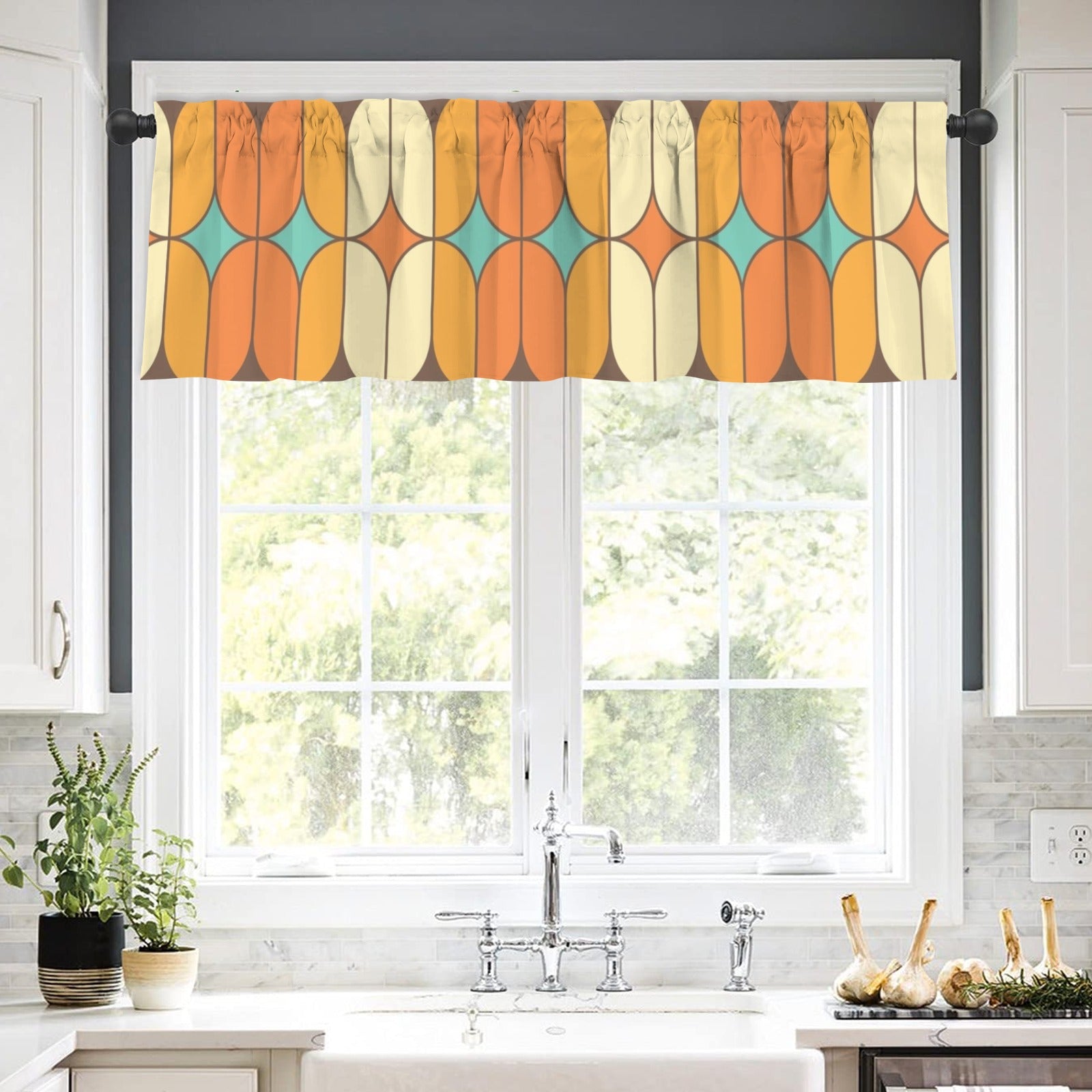 Mid Century Modern Orange Teal Geometric Retro Window Valance Curtain - Mid Century Modern Gal