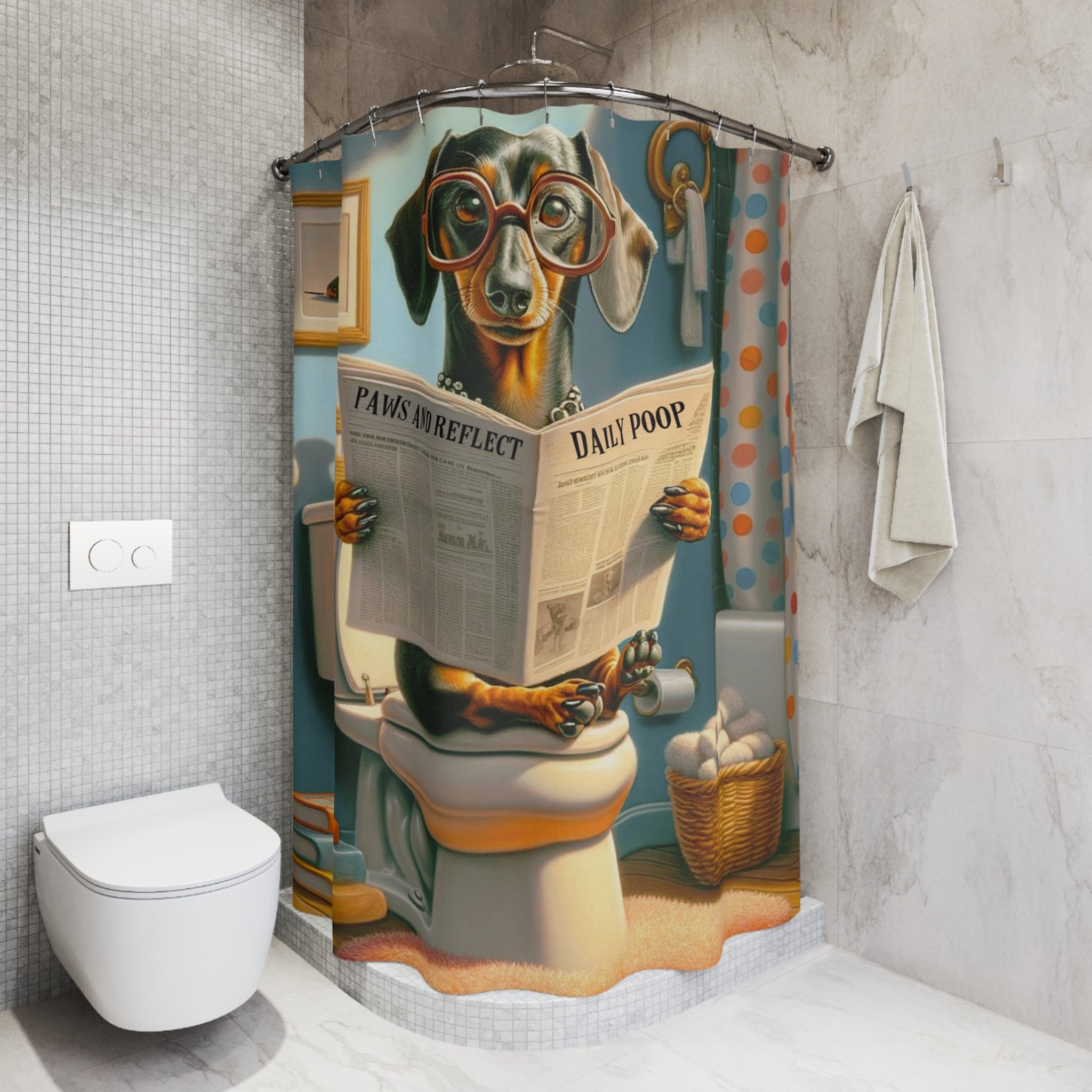 Mid Century Modern Dachshund Doxie Dog Funny Bathroom Humor Retro Style Shower Curtains - Mid Century Modern Gal