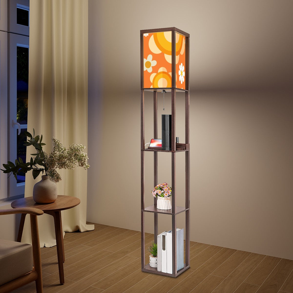 Flower Power Retro Mod Daisy Orange, Mid Century Modern Floor Lamp with Shelves - Mid Century Modern Gal
