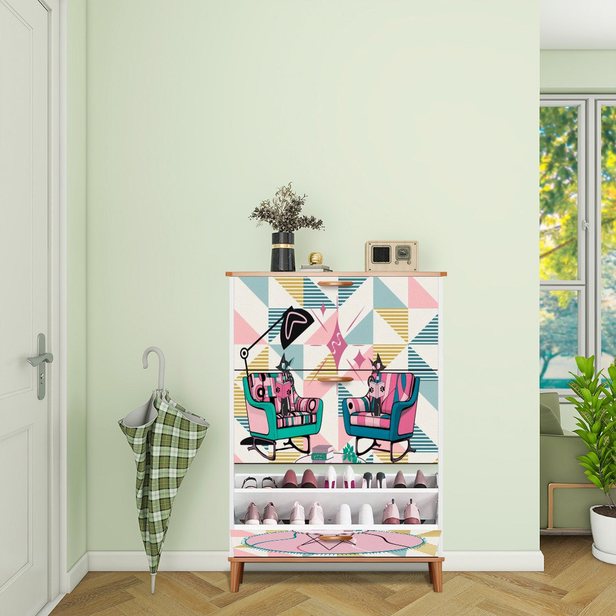 Atomic Reading Cats Kitschy Mod Retro Pink Quirky MCM Shoe Cabinet Furniture - Mid Century Modern Gal