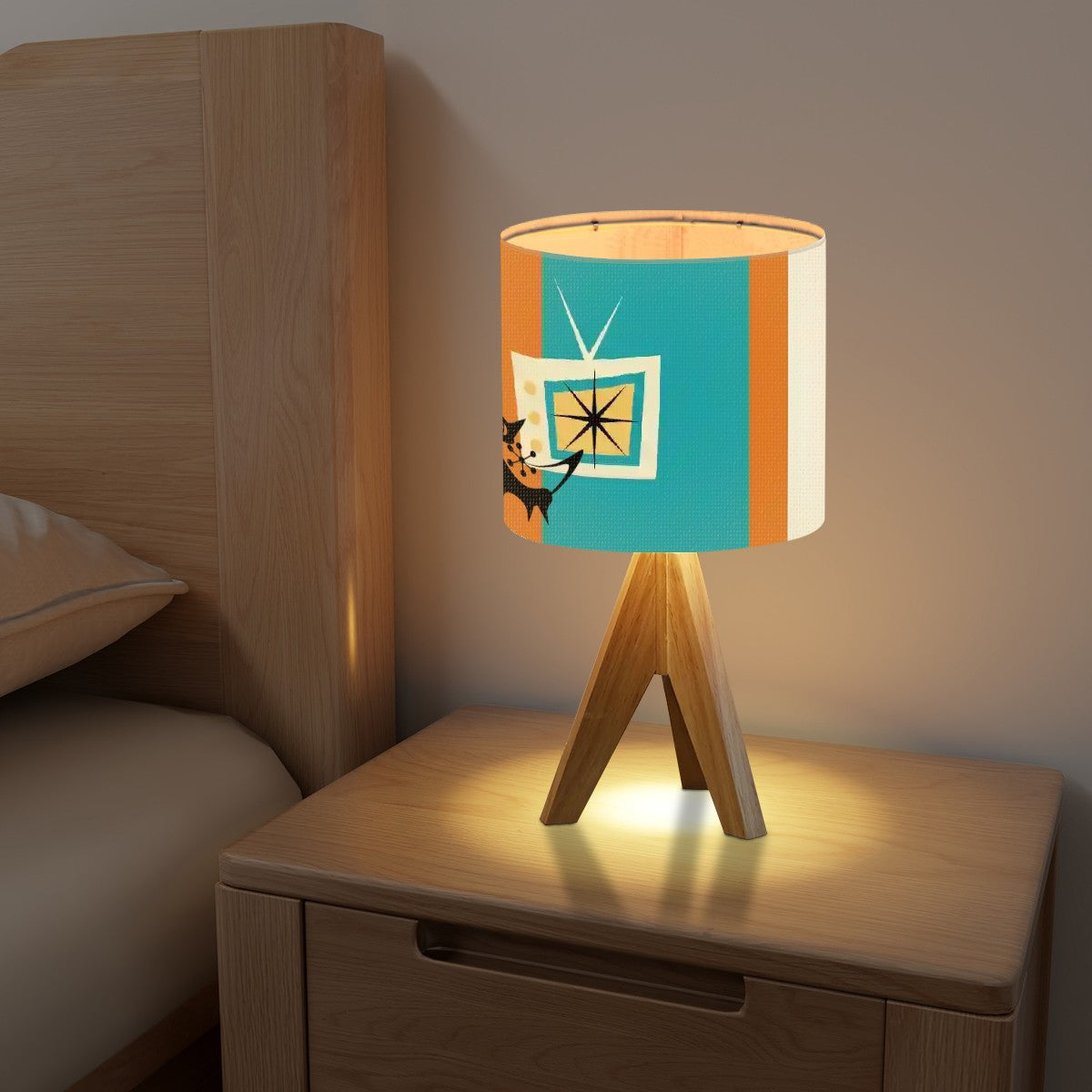 Atomic Cat Tripod Table Lamp, Mid Century Modern Orange, Teal Cream MCM Decor - Mid Century Modern Gal