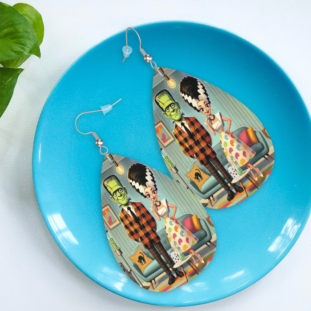 Frankenstein And Bride Kitschy Mod Retro Faux Leather Teardrop Earrings - Mid Century Modern Gal