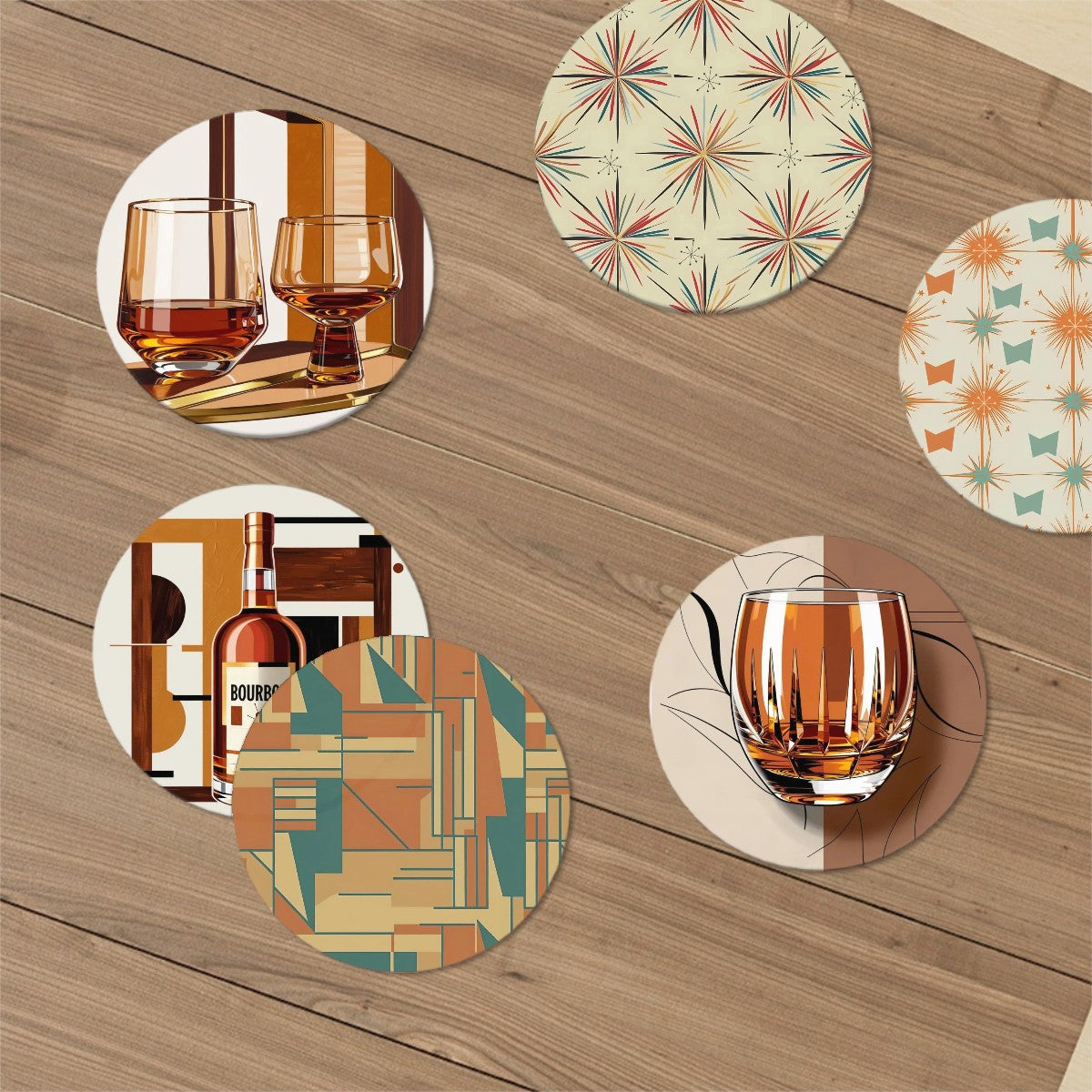 Mid Century Modern Barware, Bourbon Whiskey Cocktail Round Ceramic Coasters Set of 6 - Mid Century Modern Gal